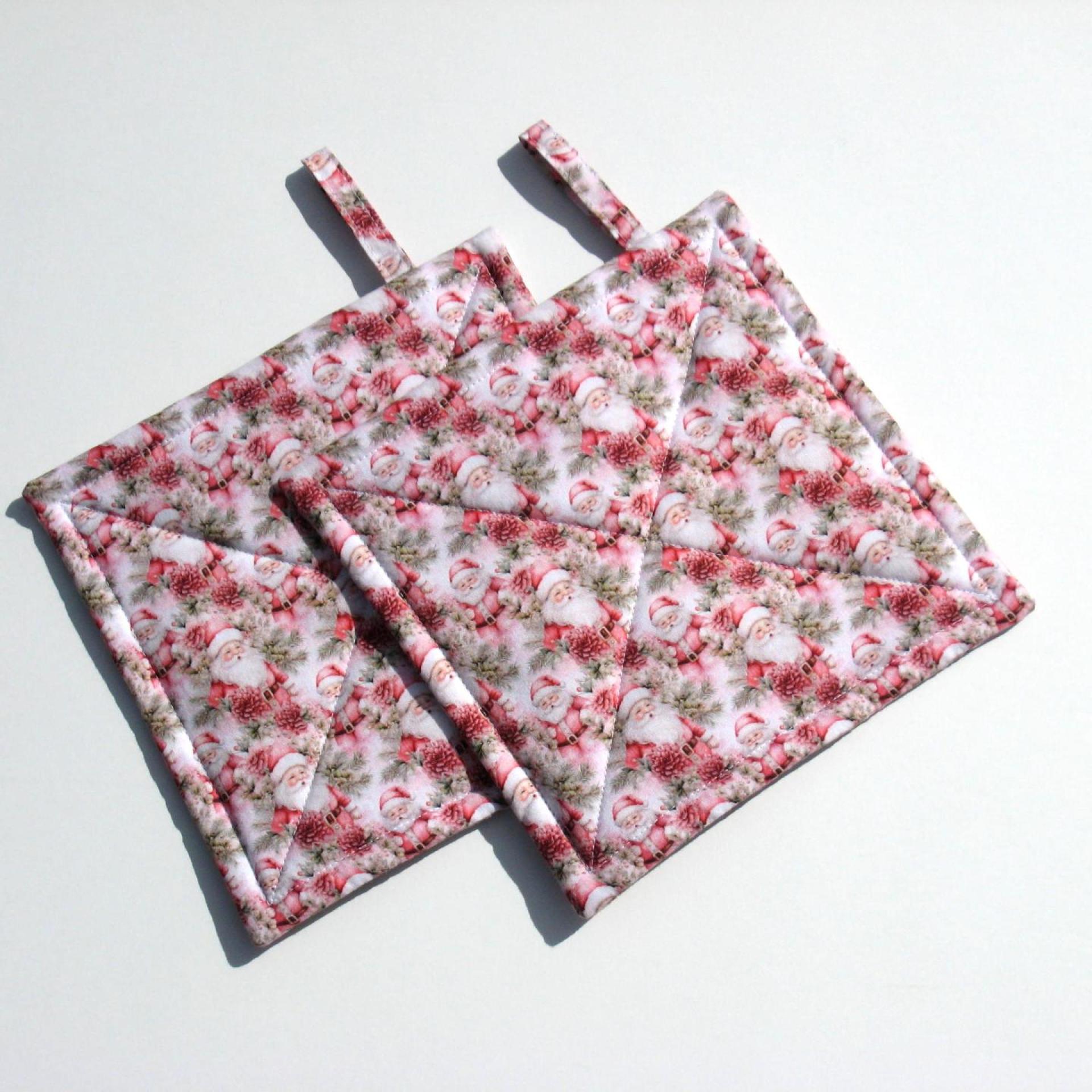 Pink Christmas Potholders, Retro Mini Santa Quilted Hot Pads, USA Handmade Stocking Stuffer, Hostess Bringsel, Wrapped for Gift Giving