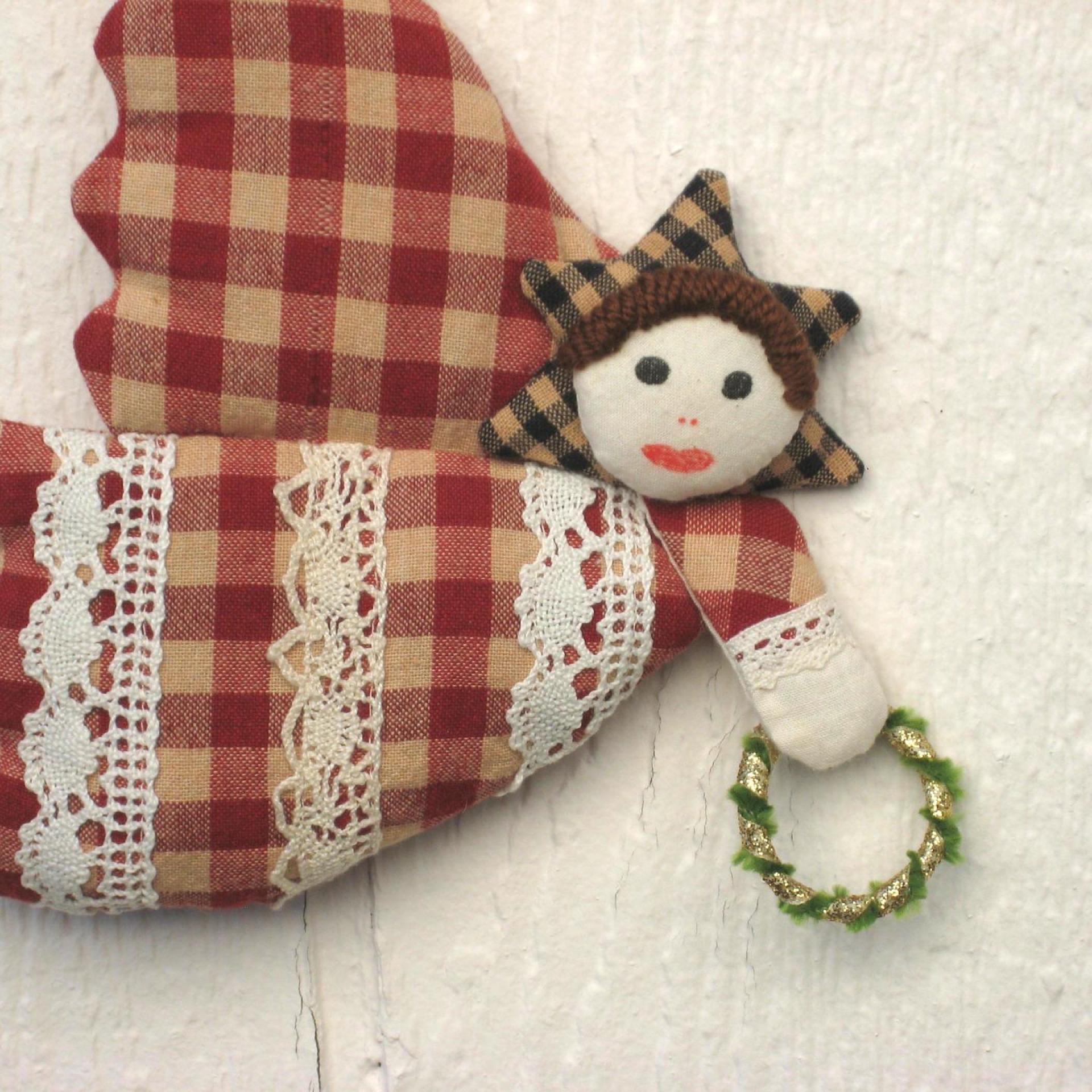 Primitive Angel Ornament, Stuffed Homespun Gingham Holiday Decoration, Farmhouse Christmas Tree, Country Cottage, USA Handmade
