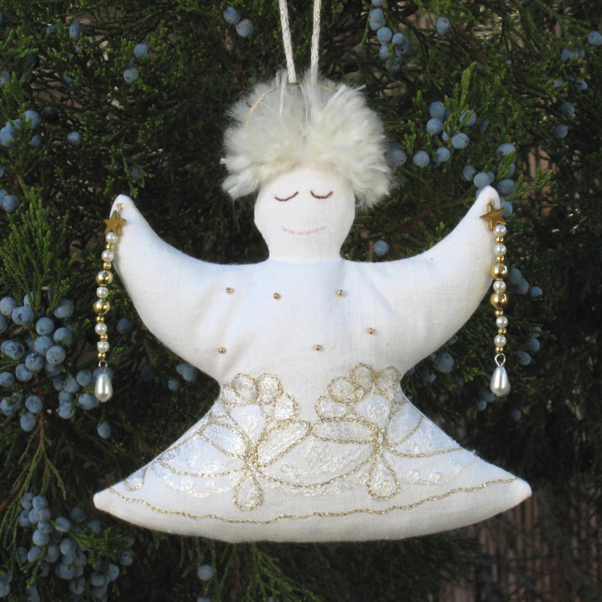Christmas Angel Ornament, White & Gold Bejeweled Holiday Accent, NM Handmade