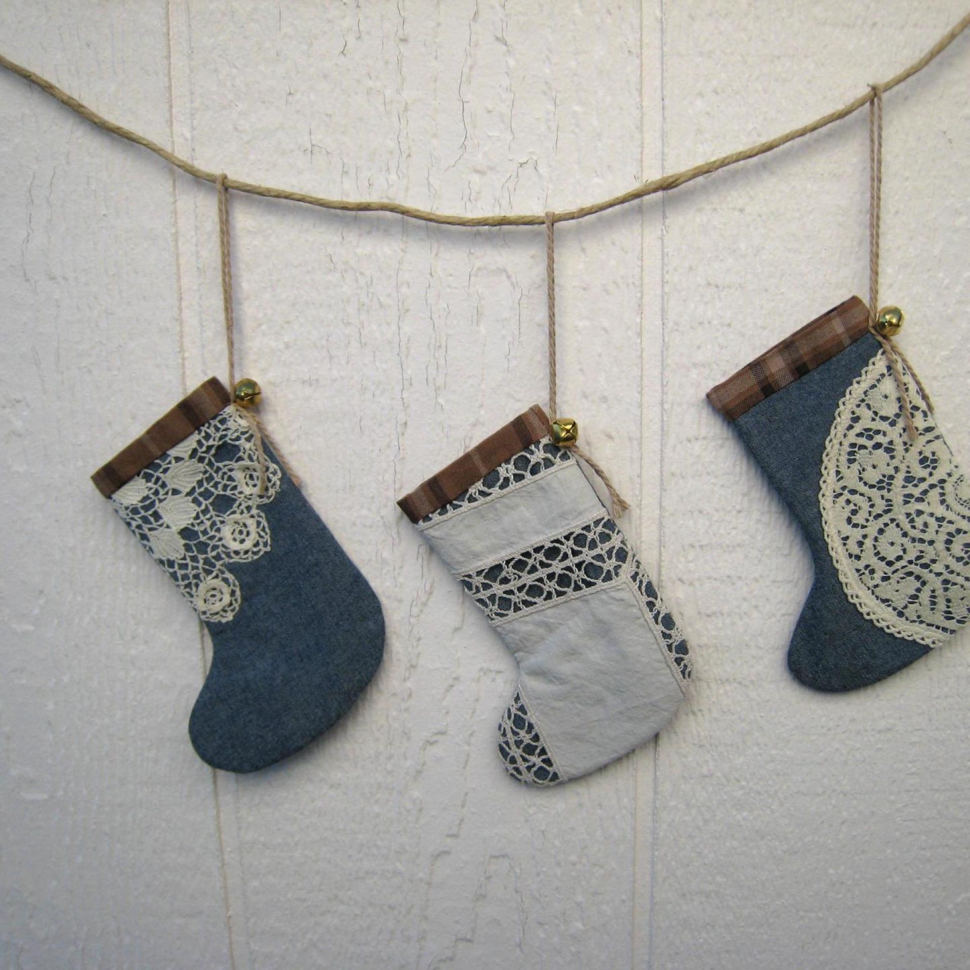 Mini Christmas Stockings, Blue Chambray, Brown Plaid & Upcycled Vintage Doilies, Set of Three