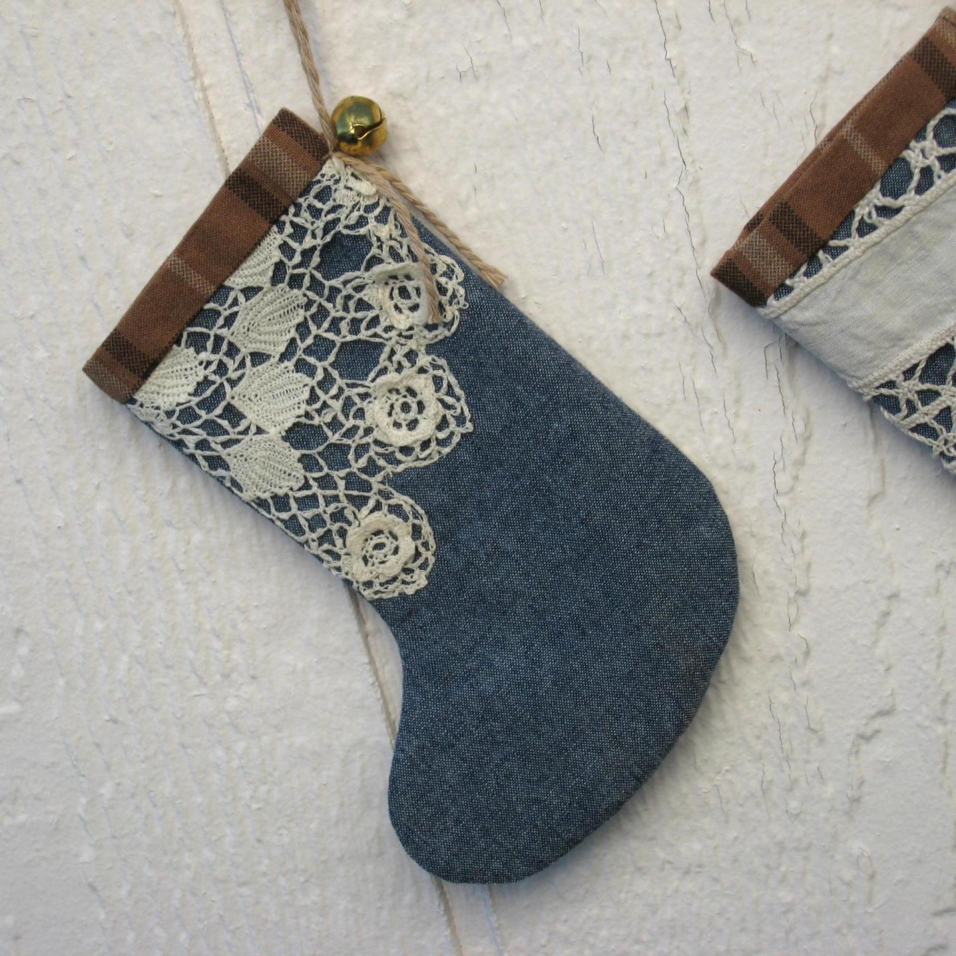 Mini Christmas Stockings, Blue Chambray, Brown Plaid & Upcycled Vintage Doilies, Set of Three