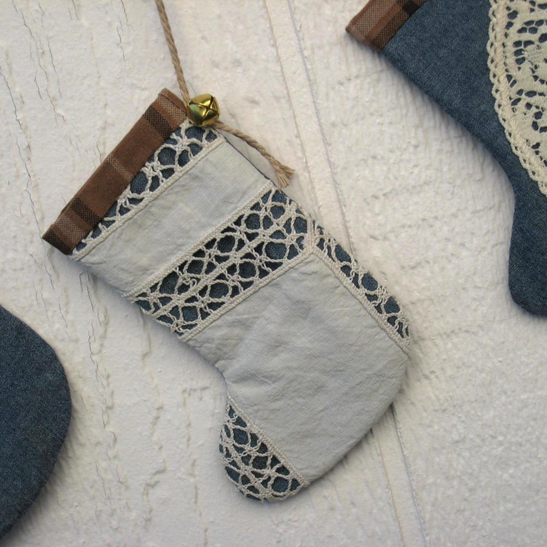Mini Christmas Stockings, Blue Chambray, Brown Plaid & Upcycled Vintage Doilies, Set of Three