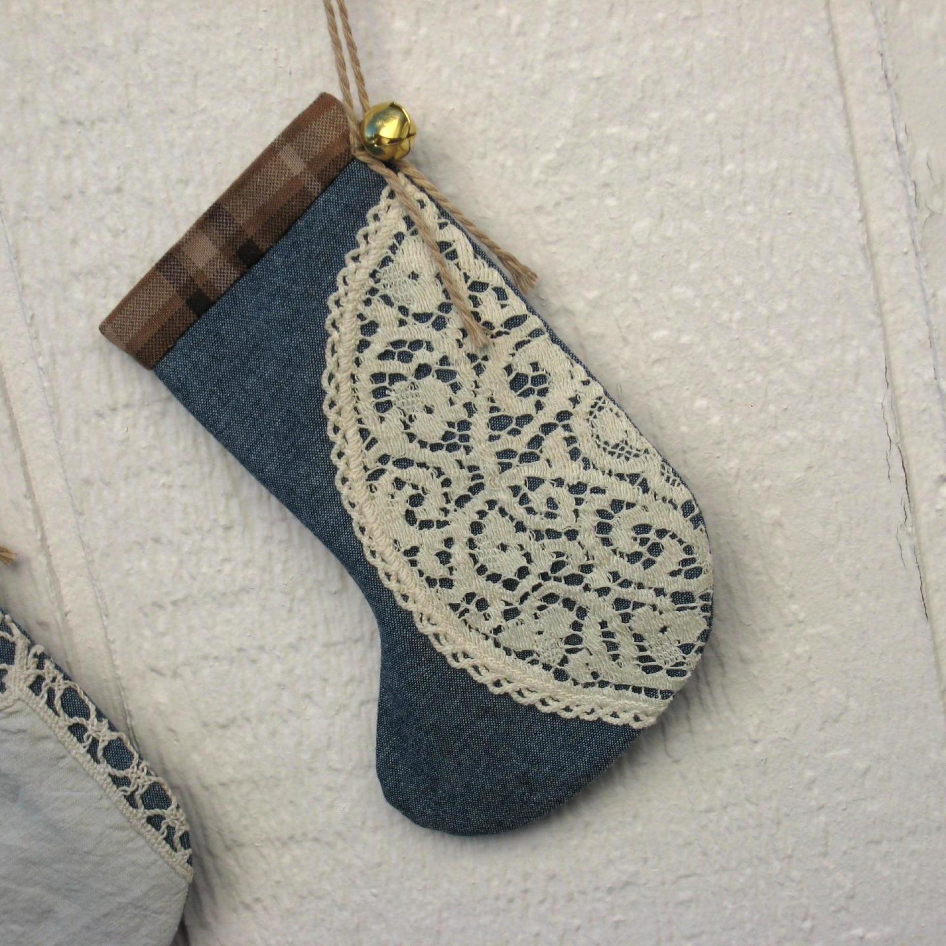 Mini Christmas Stockings, Blue Chambray, Brown Plaid & Upcycled Vintage Doilies, Set of Three