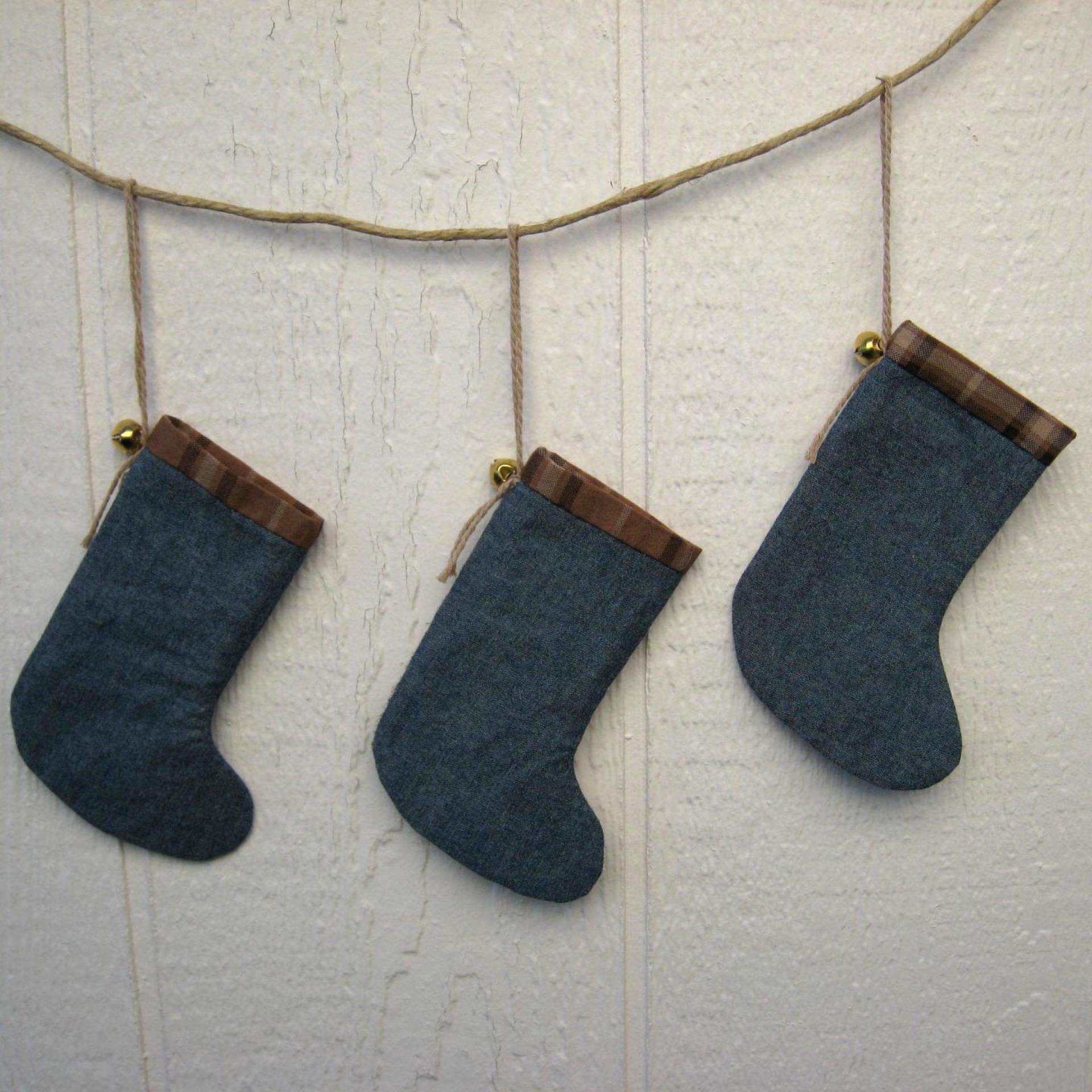 Mini Christmas Stockings, Blue Chambray, Brown Plaid & Upcycled Vintage Doilies, Set of Three