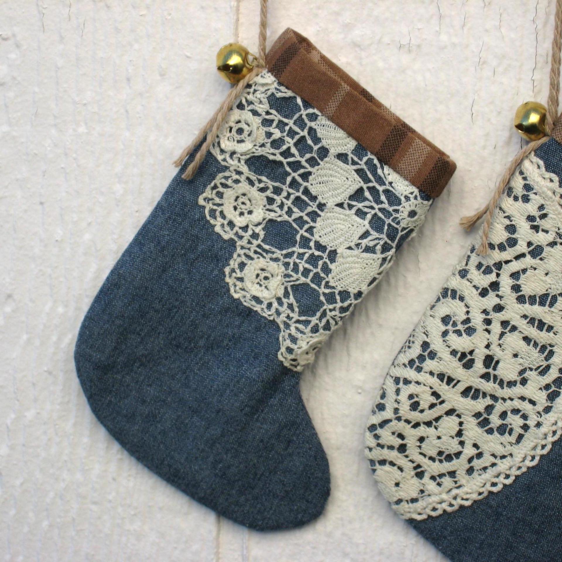 Mini Christmas Stockings, Blue Chambray, Brown Plaid & Upcycled Vintage Doilies, Set of Three