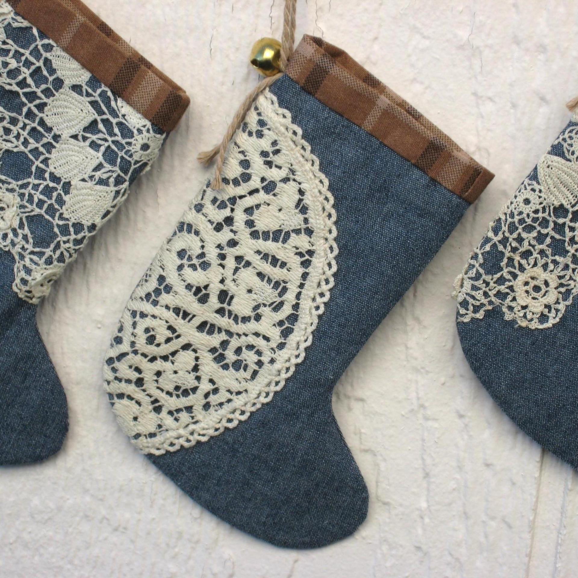 Mini Christmas Stockings, Blue Chambray, Brown Plaid & Upcycled Vintage Doilies, Set of Three