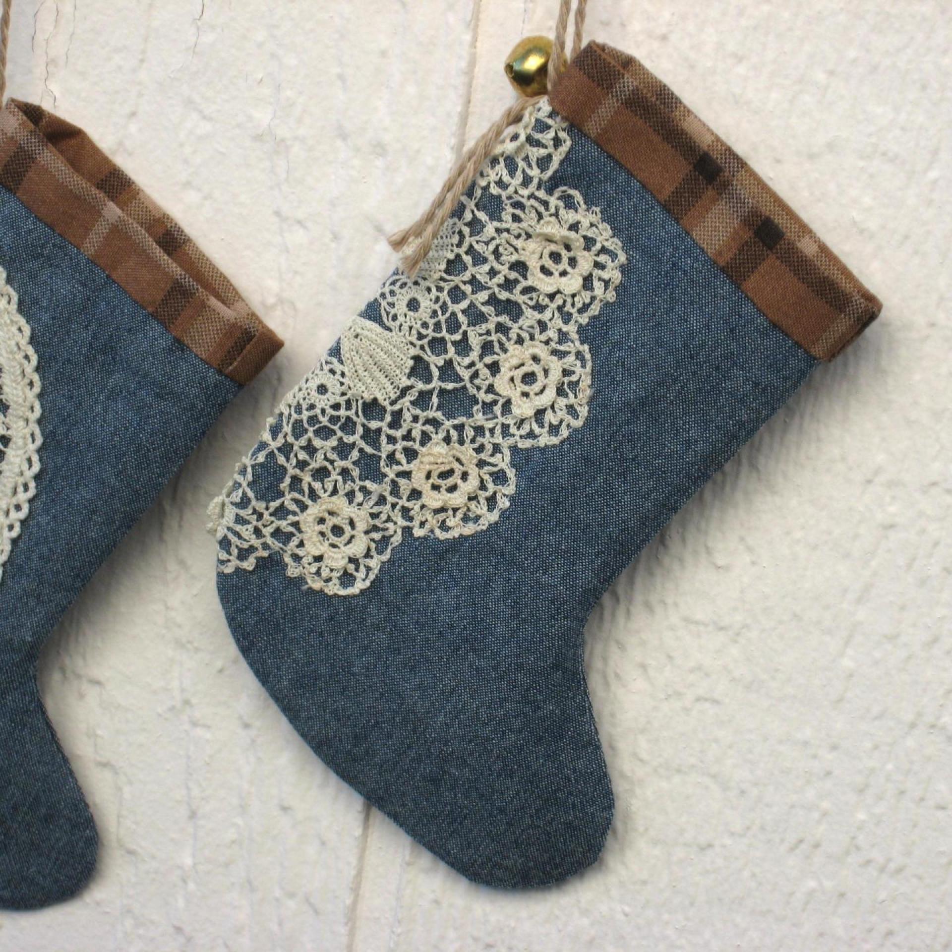 Mini Christmas Stockings, Blue Chambray, Brown Plaid & Upcycled Vintage Doilies, Set of Three