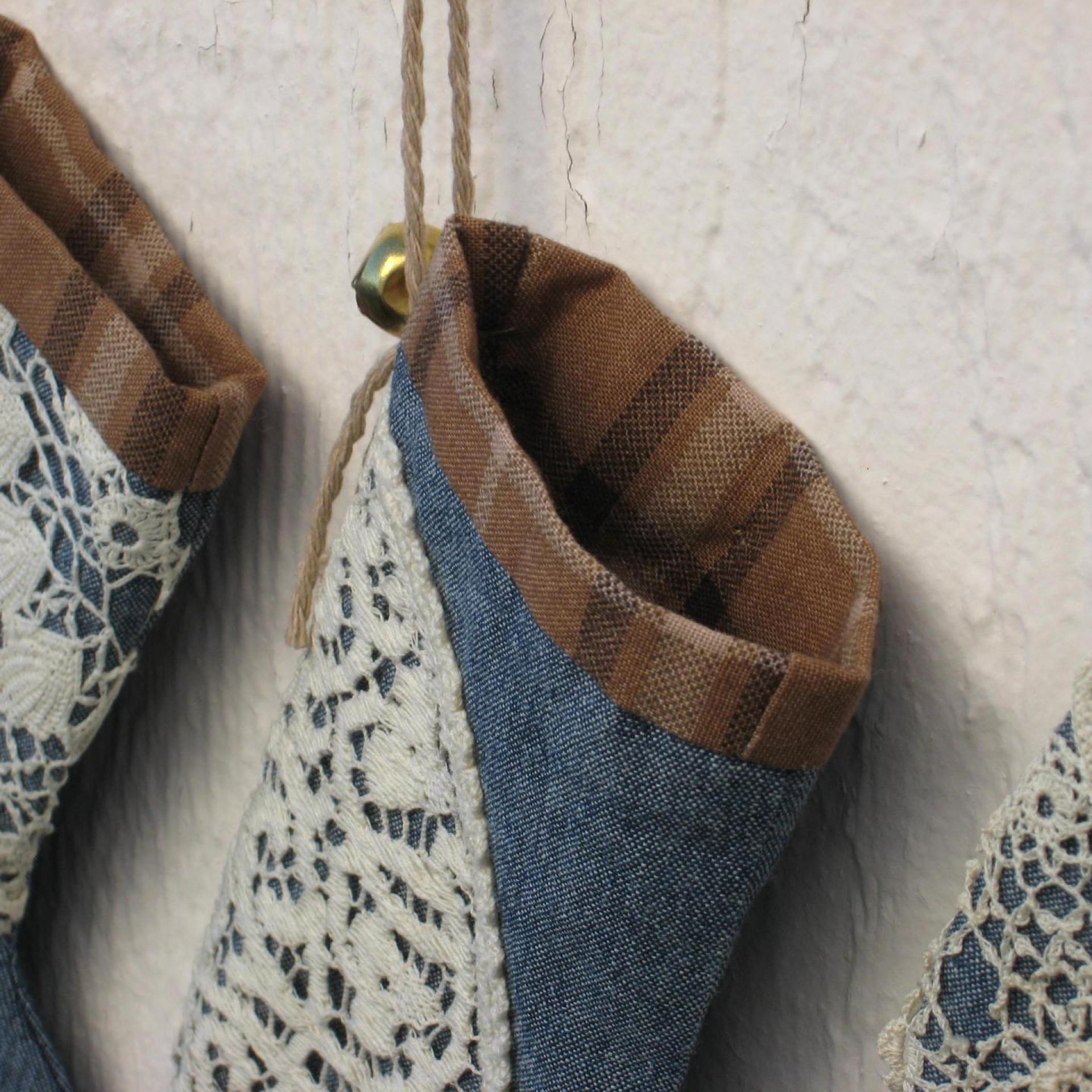 Mini Christmas Stockings, Blue Chambray, Brown Plaid & Upcycled Vintage Doilies, Set of Three
