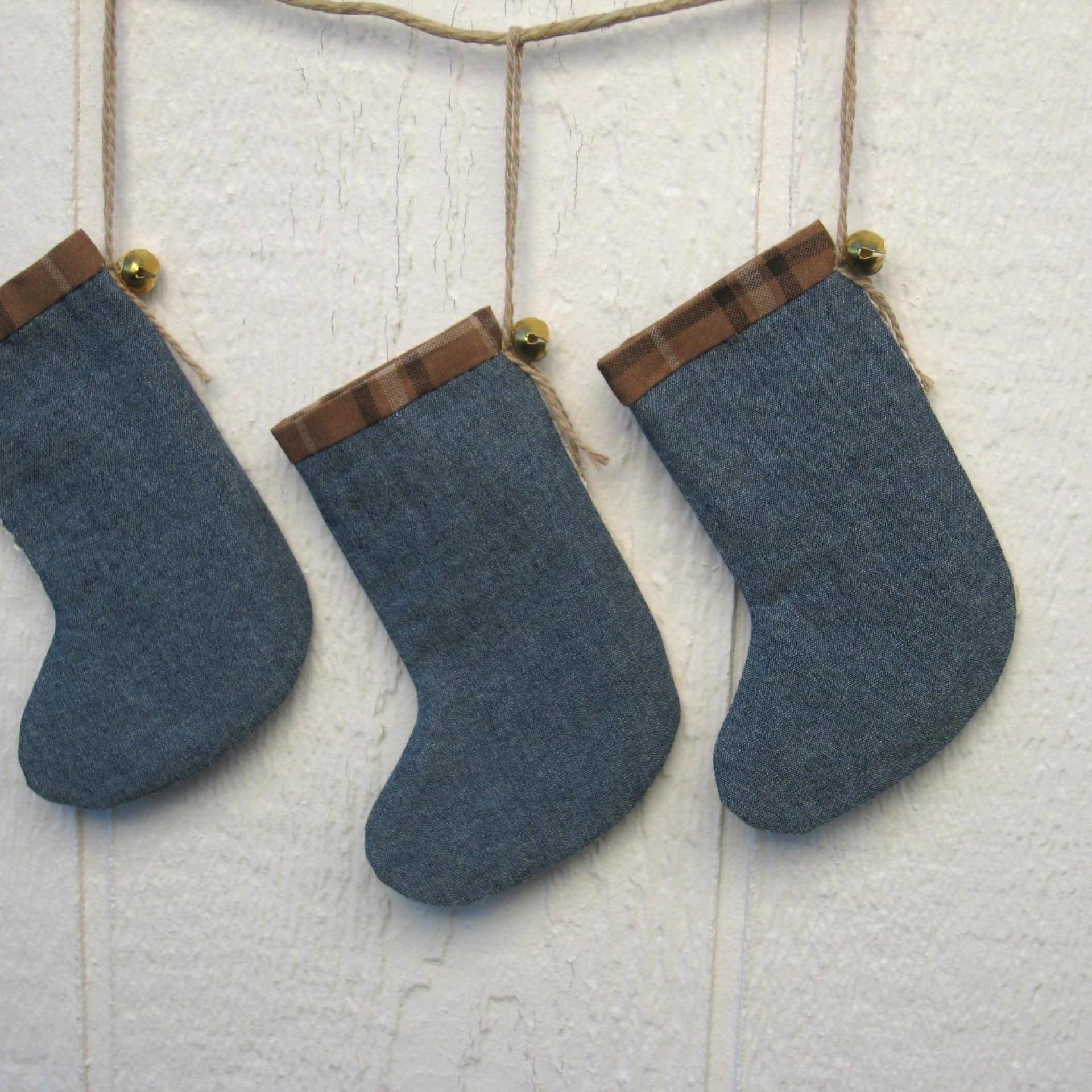 Mini Christmas Stockings, Blue Chambray, Brown Plaid & Upcycled Vintage Doilies, Set of Three