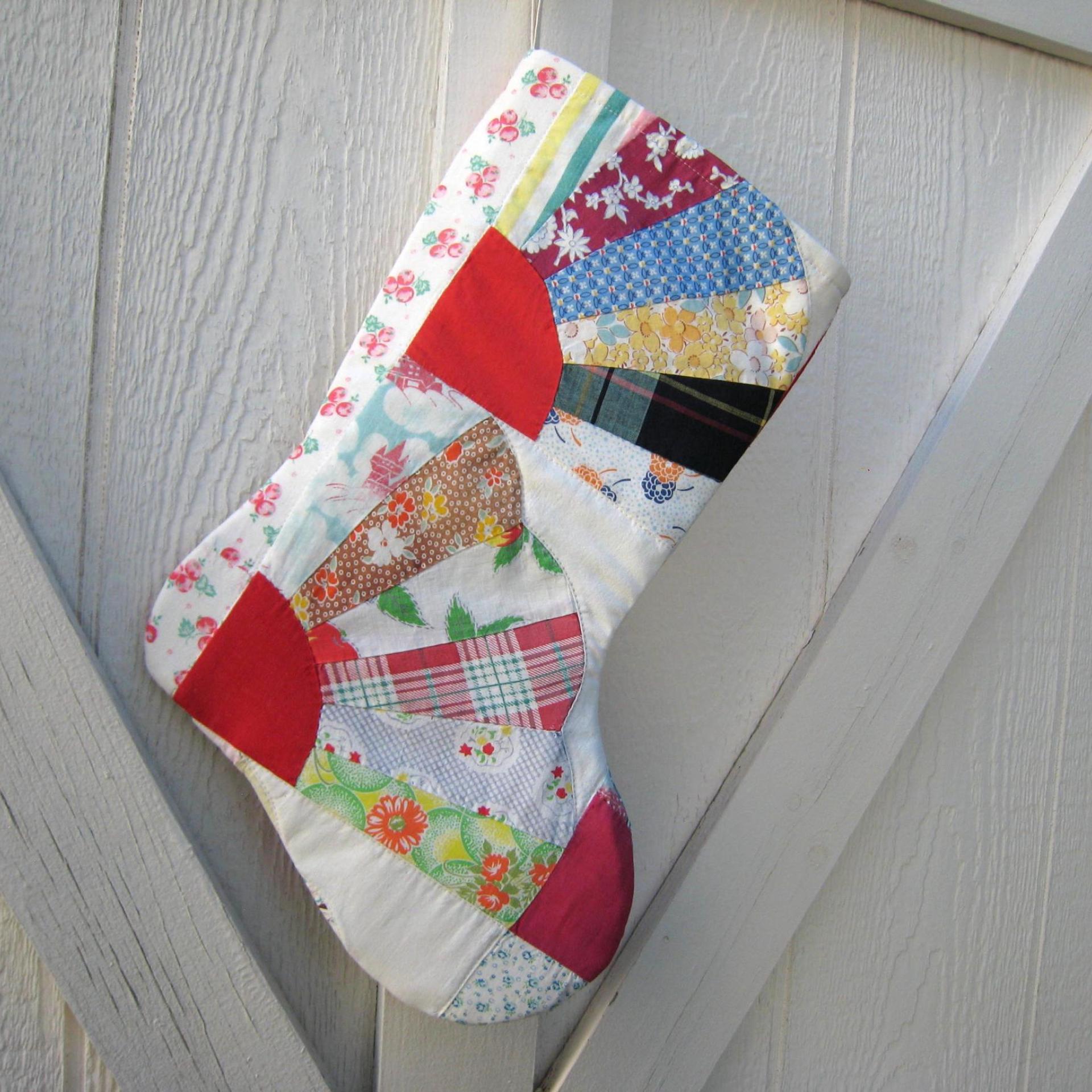 Vintage Fan Quilt Christmas Stocking, X-Large, Rustic Cottage Holiday Décor, Handmade in New Mexico