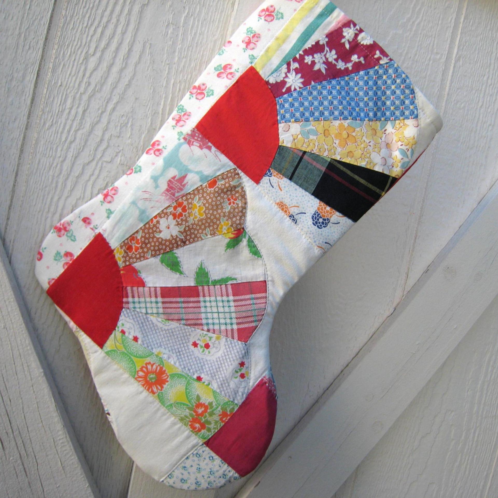 Vintage Fan Quilt Christmas Stocking, X-Large, Rustic Cottage Holiday Décor, Handmade in New Mexico