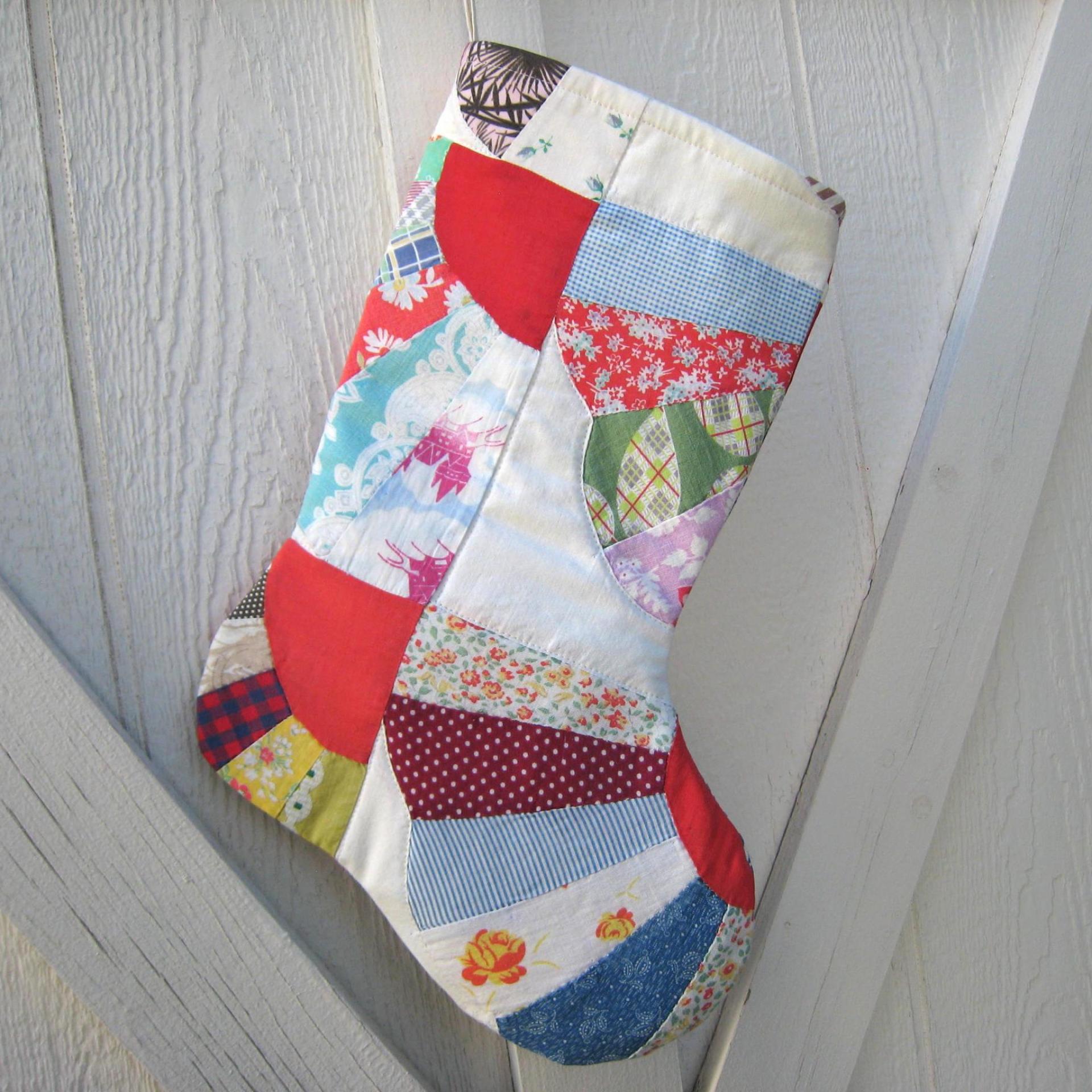 Vintage Quilt Christmas Stocking, X-Large, Rustic Cottage Holiday Décor, Handmade in New Mexico