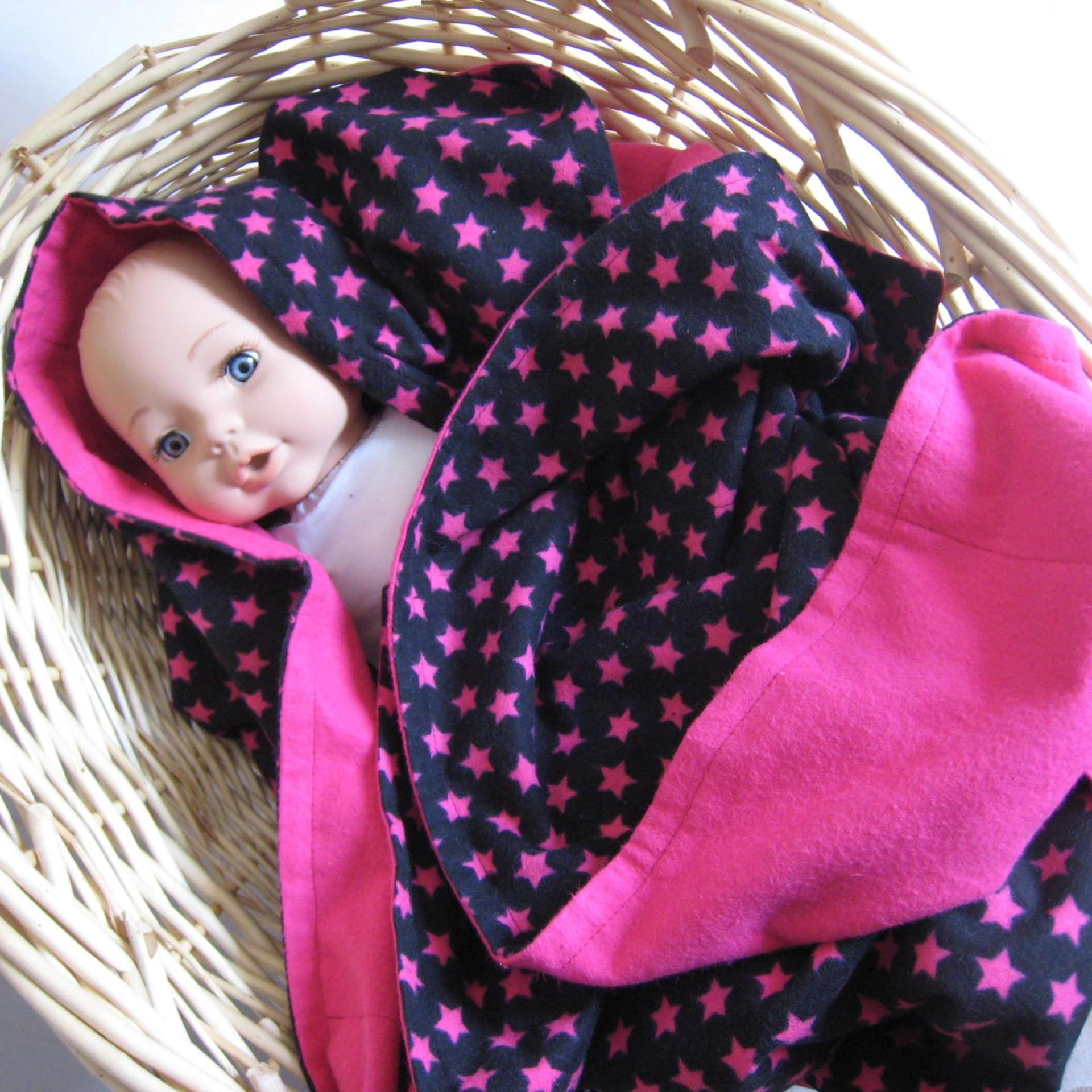 Flannel Baby Blanket with Hot Pink Stars on Black, All Cotton, Handmade in New Mexico