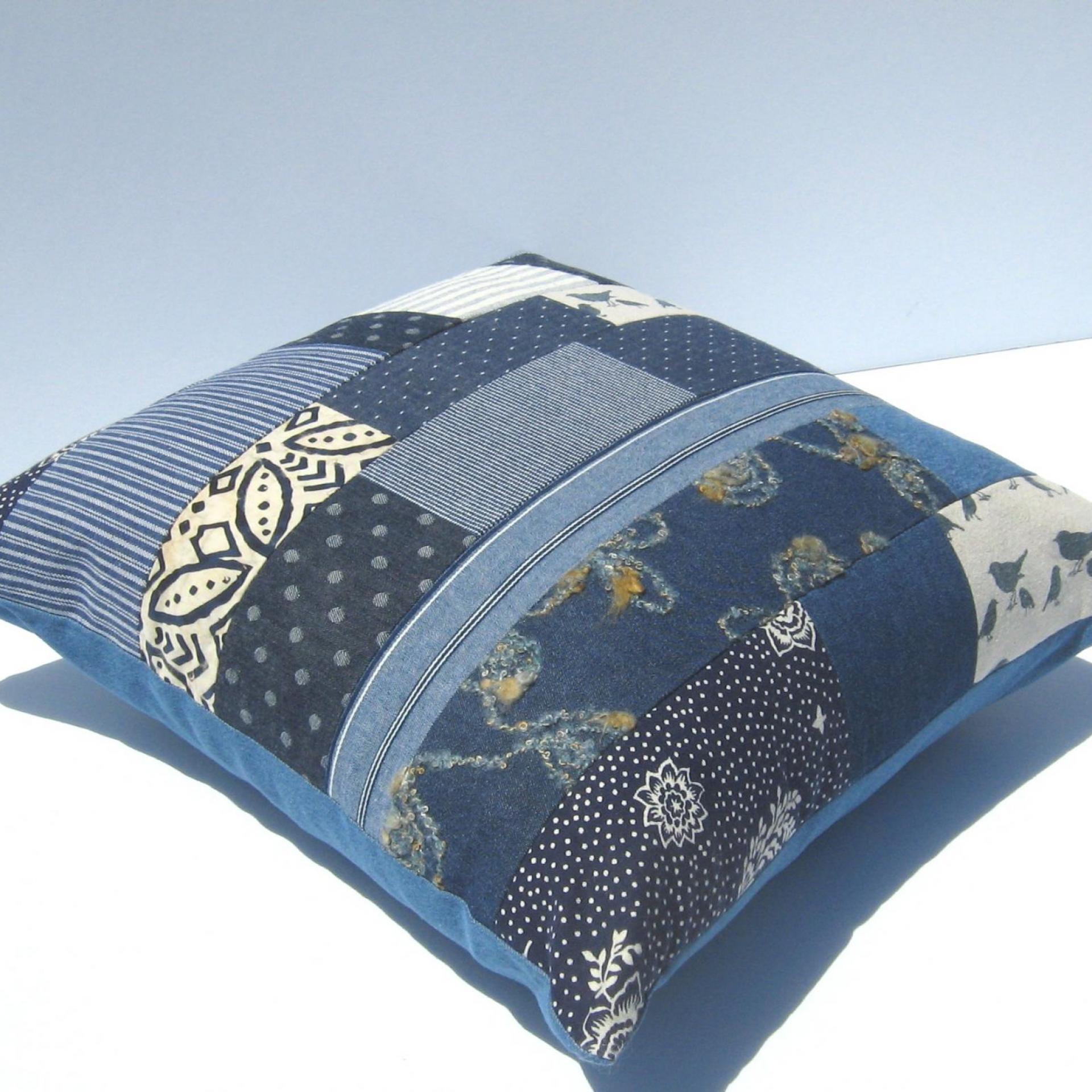 Denim Patchwork Pillow Cover, Upcycled Indigo Home Décor, Boho Style 18 x 18 Pillow Cover