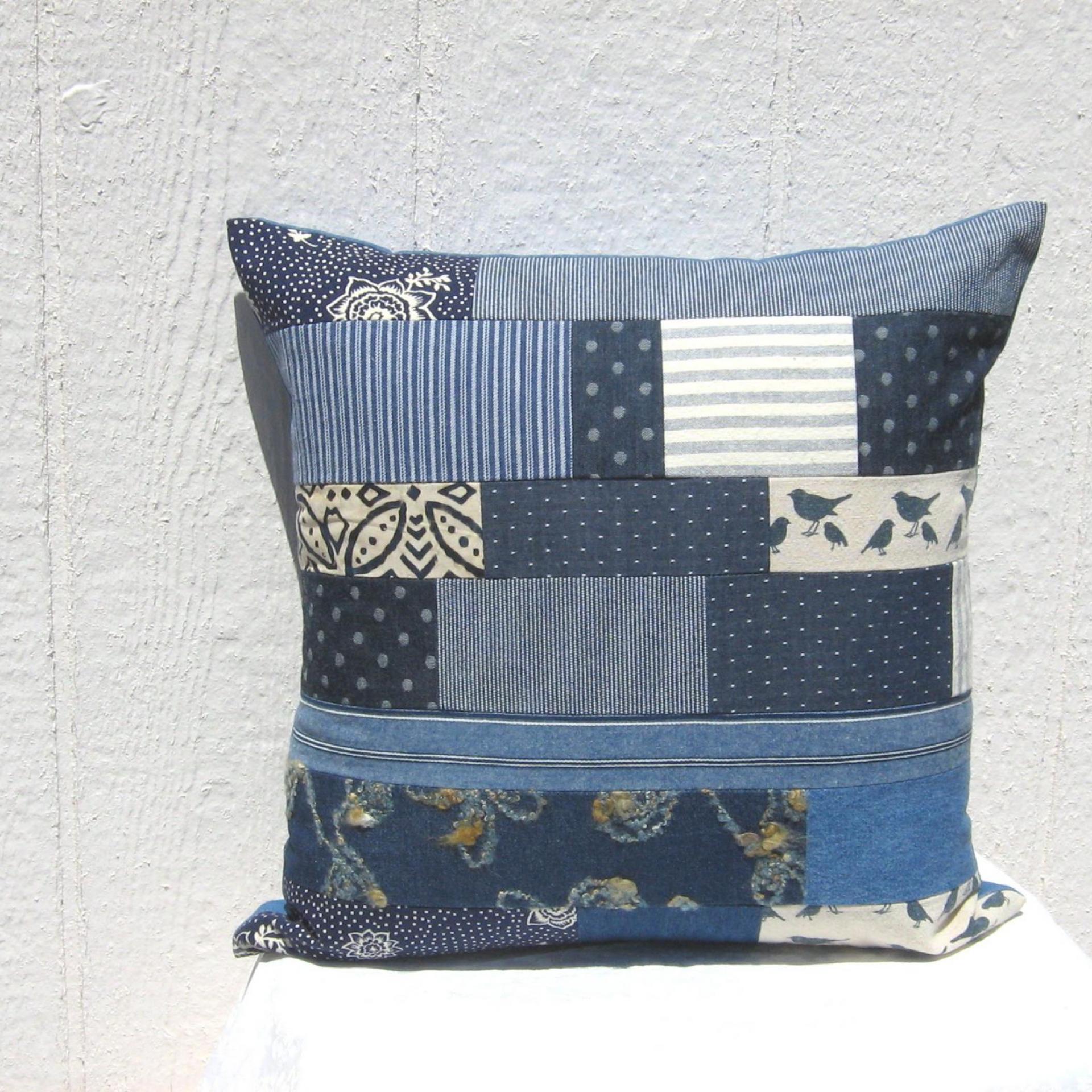 Denim Patchwork Pillow Cover, Upcycled Indigo Home Décor, Boho Style 18 x 18 Pillow Cover