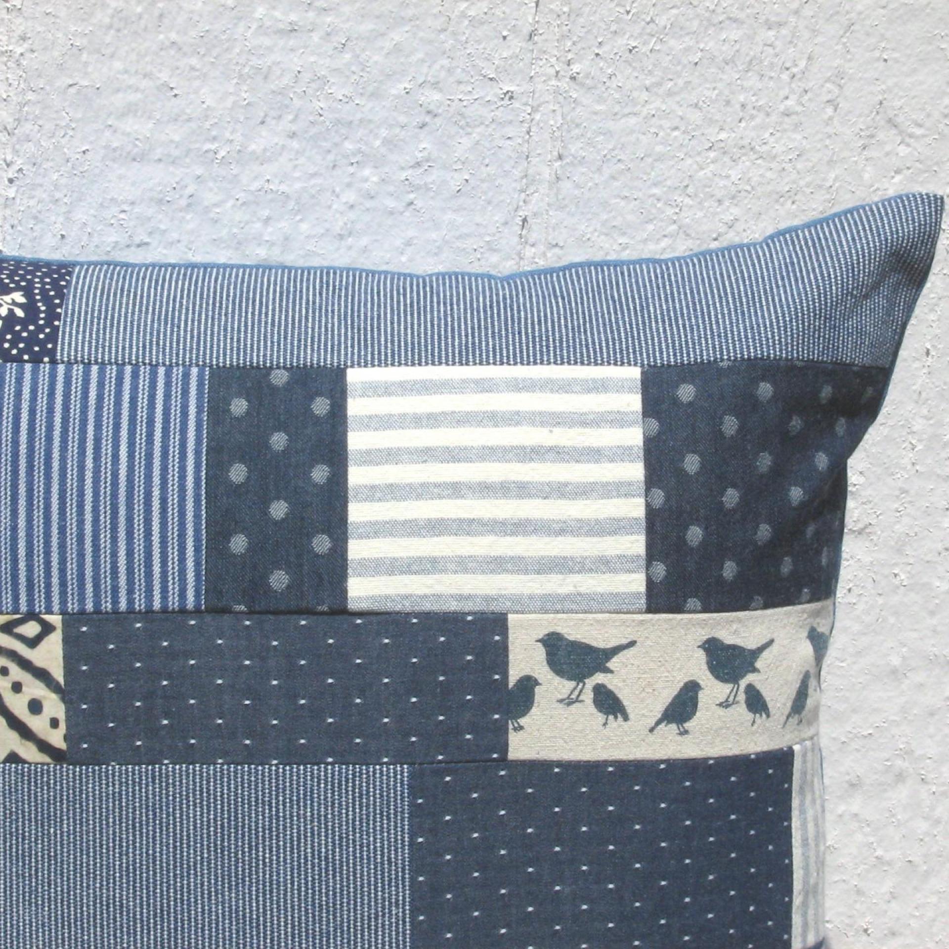 Denim Patchwork Pillow Cover, Upcycled Indigo Home Décor, Boho Style 18 x 18 Pillow Cover