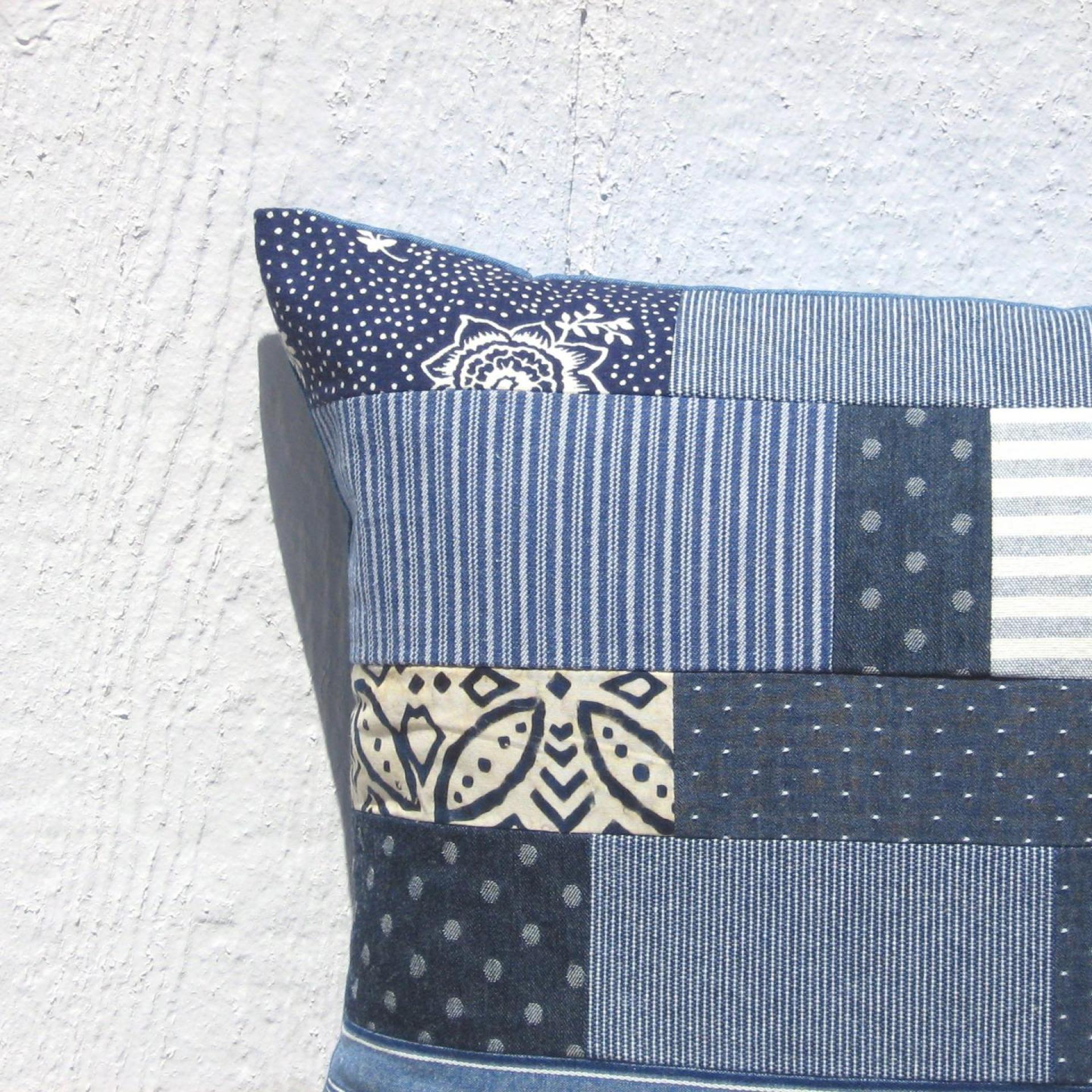 Denim Patchwork Pillow Cover, Upcycled Indigo Home Décor, Boho Style 18 x 18 Pillow Cover