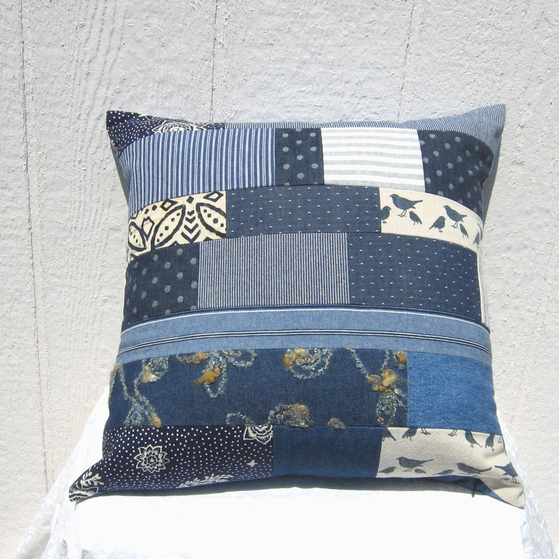 Denim Patchwork Pillow Cover, Upcycled Indigo Home Décor, Boho Style 18 x 18 Pillow Cover