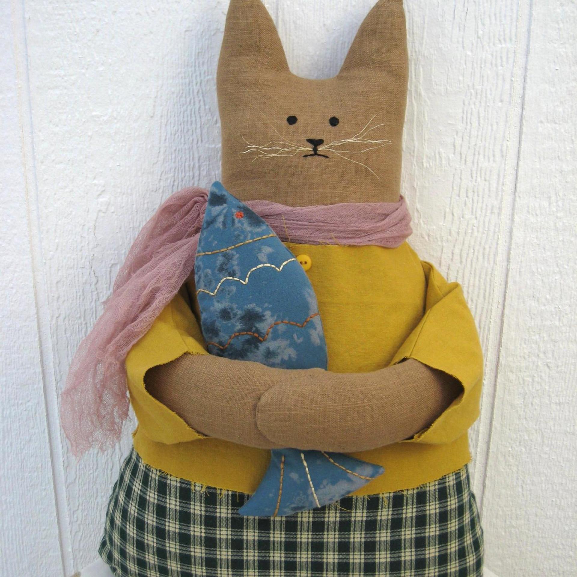 Primitive Cat and Fish in Caramel, Mustard Yellow, and Blue, Whimsical Cloth Art Cottage Décor, Rustic USA Handmade, Erlinda with Fish #1