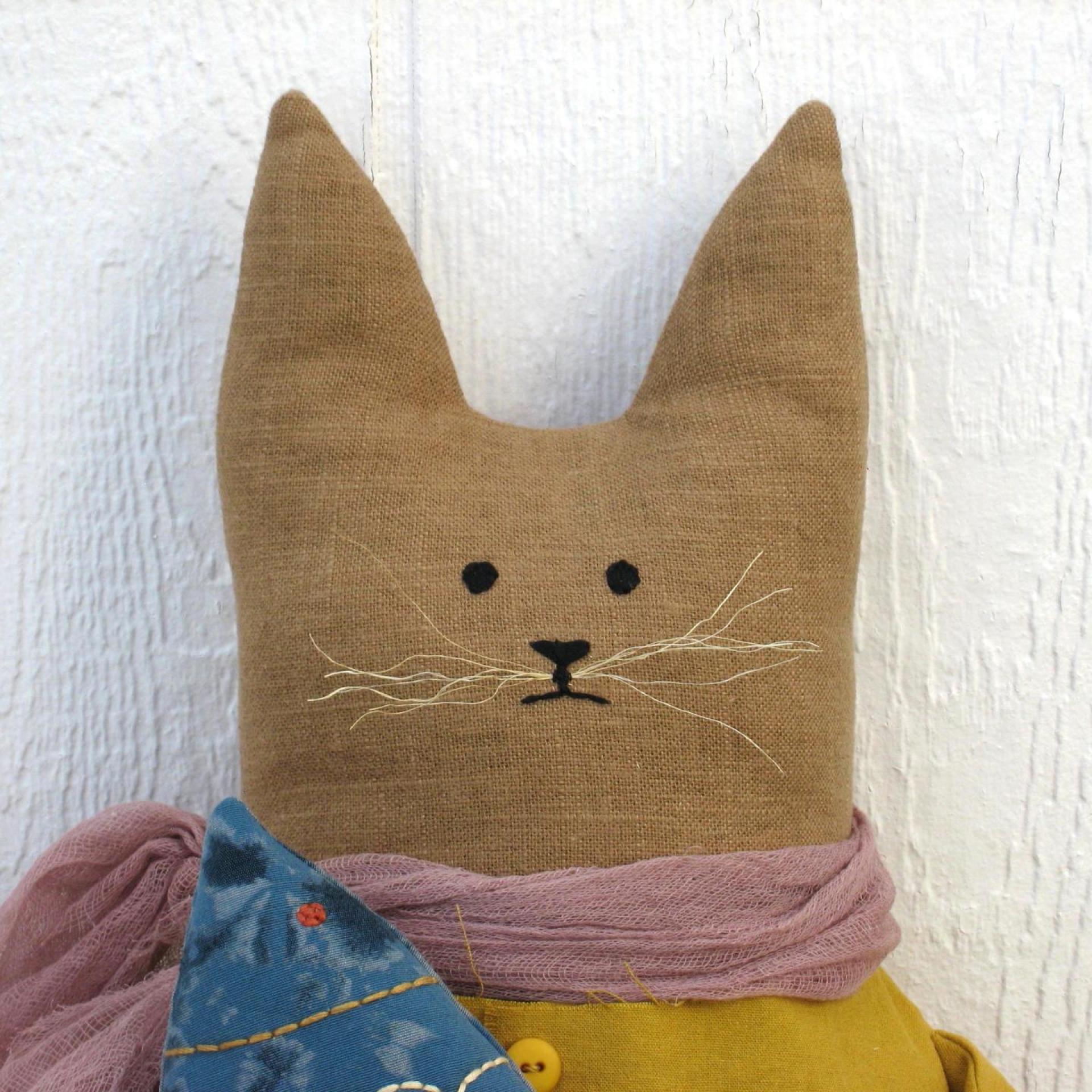 Primitive Cat and Fish in Caramel, Mustard Yellow, and Blue, Whimsical Cloth Art Cottage Décor, Rustic USA Handmade, Erlinda with Fish #1
