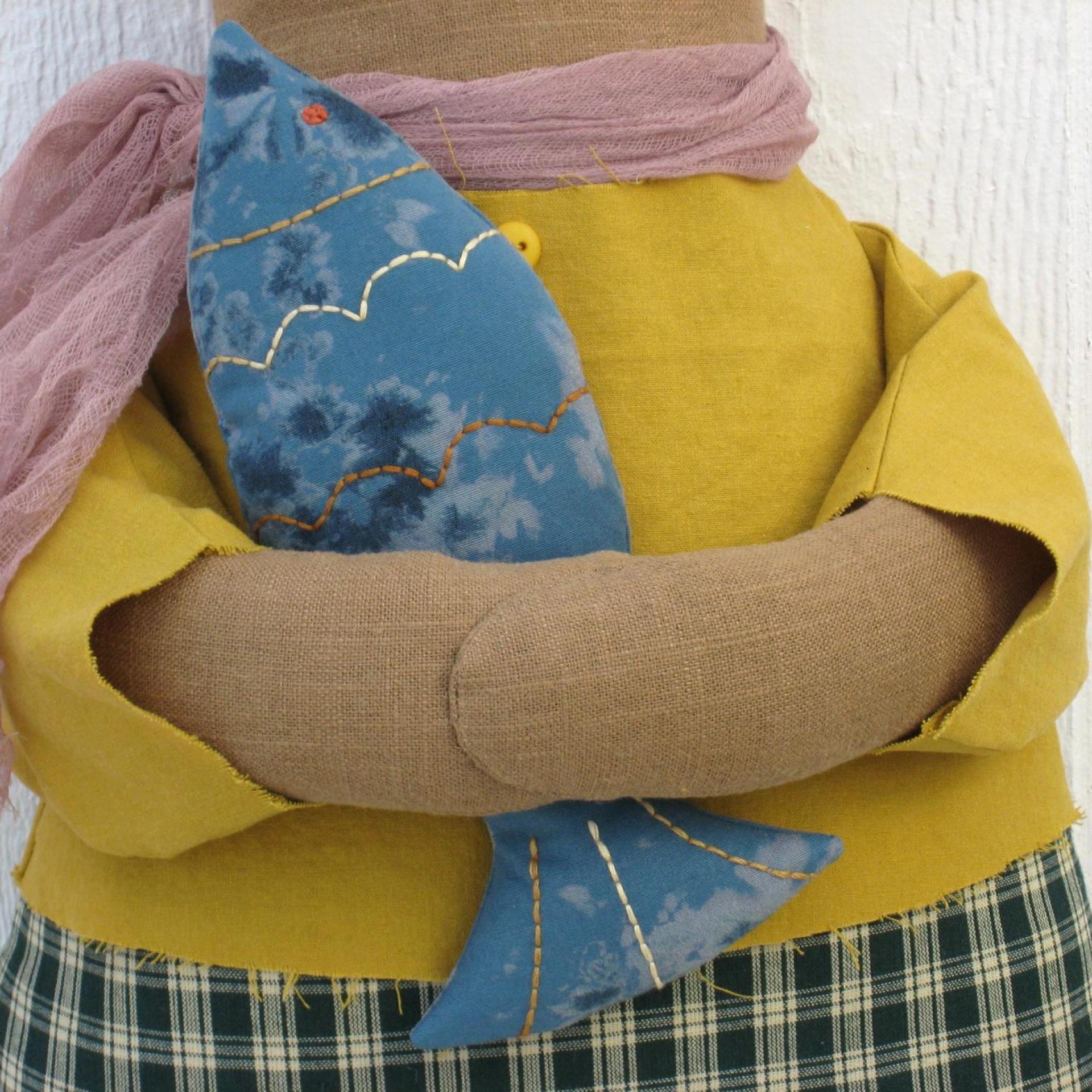 Primitive Cat and Fish in Caramel, Mustard Yellow, and Blue, Whimsical Cloth Art Cottage Décor, Rustic USA Handmade, Erlinda with Fish #1