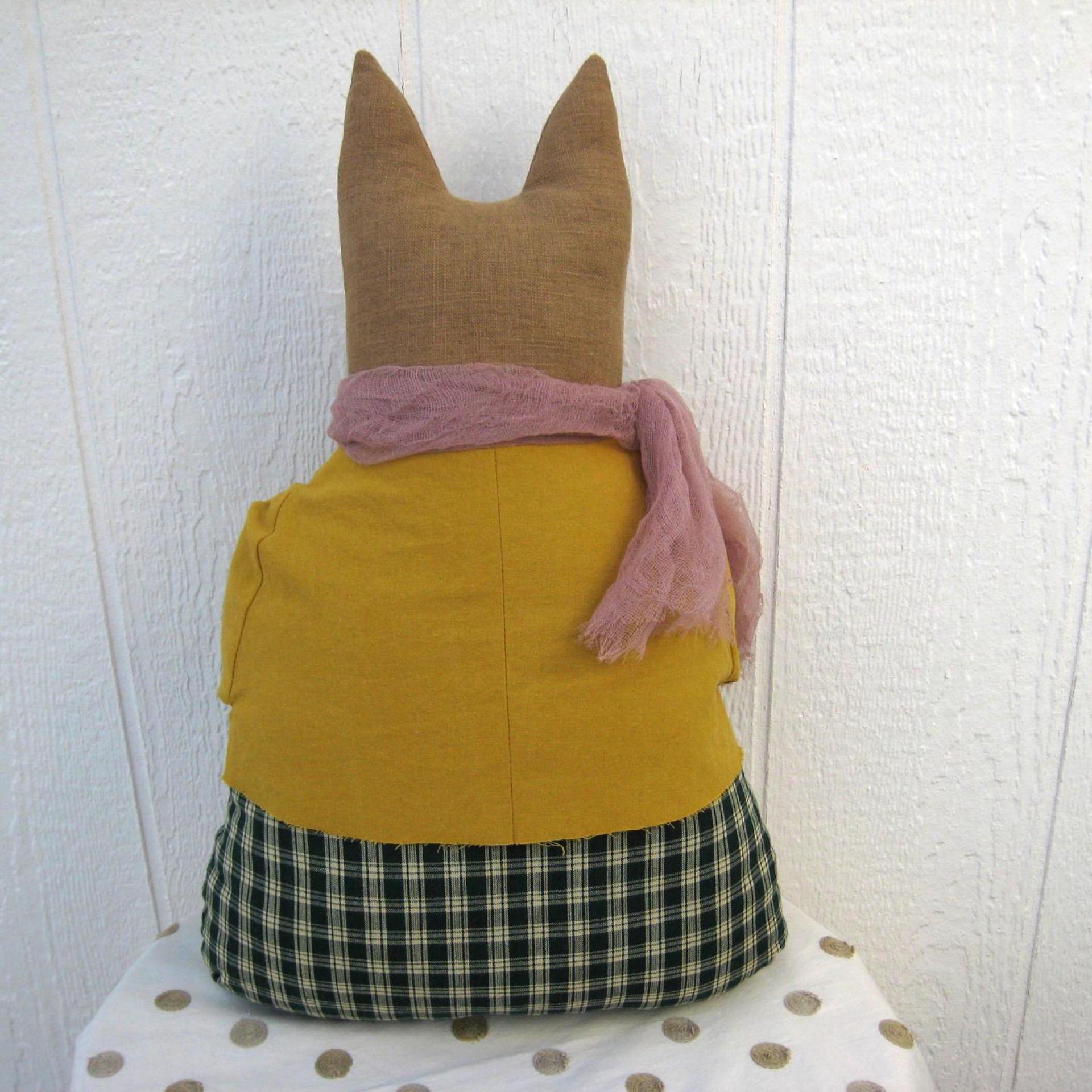 Primitive Cat and Fish in Caramel, Mustard Yellow, and Blue, Whimsical Cloth Art Cottage Décor, Rustic USA Handmade, Erlinda with Fish #1