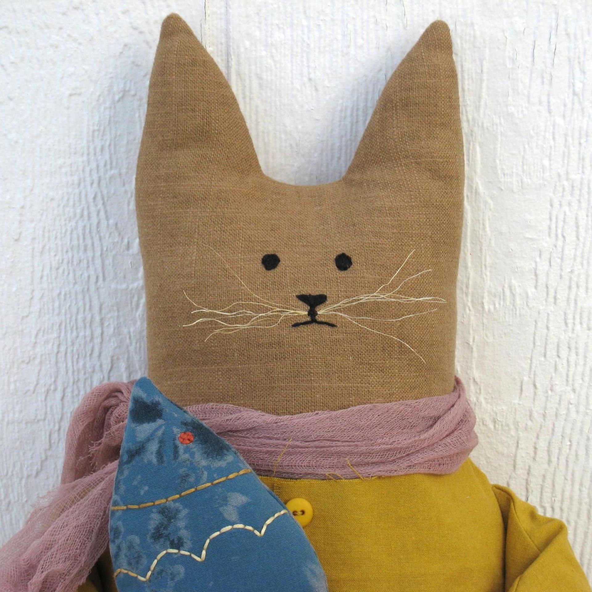 Primitive Cat and Fish in Caramel, Mustard Yellow, and Blue, Whimsical Cloth Art Cottage Décor, Rustic USA Handmade, Erlinda with Fish #1