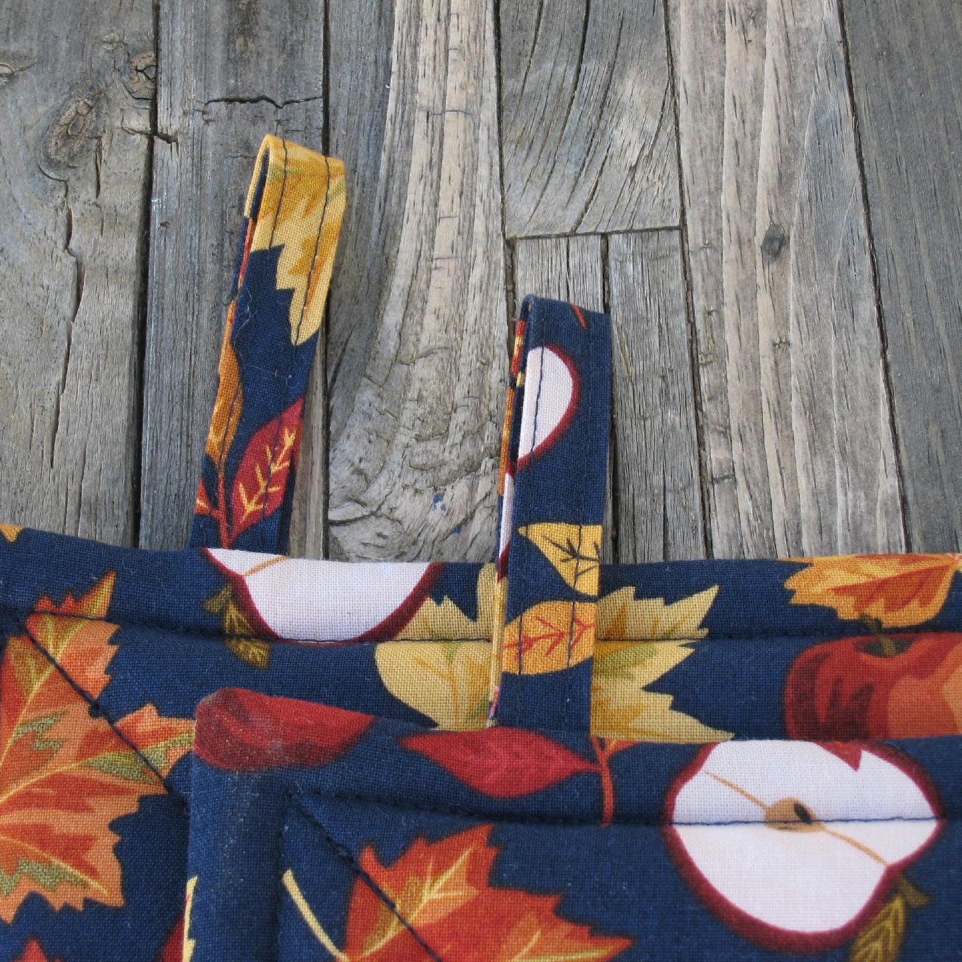 Apples & Maple Leaves Potholders, Autumn Décor Quilted Hot Pads, USA Hand Made, Wrapped for Gift Giving