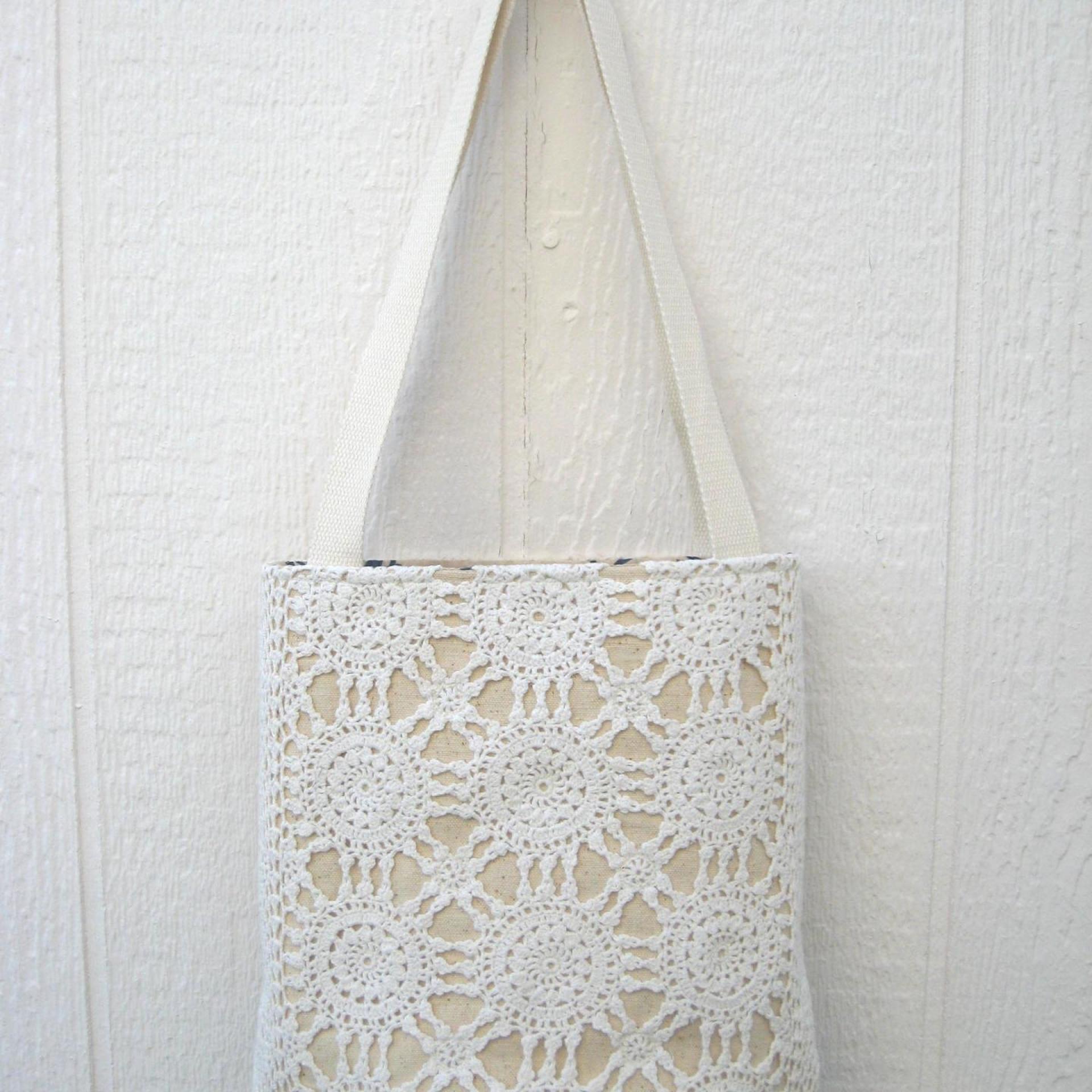 Crochet Tablecloth Tote Bag, Vintage Table Runner, Chic Upcycled Small Tote, USA Hand Made
