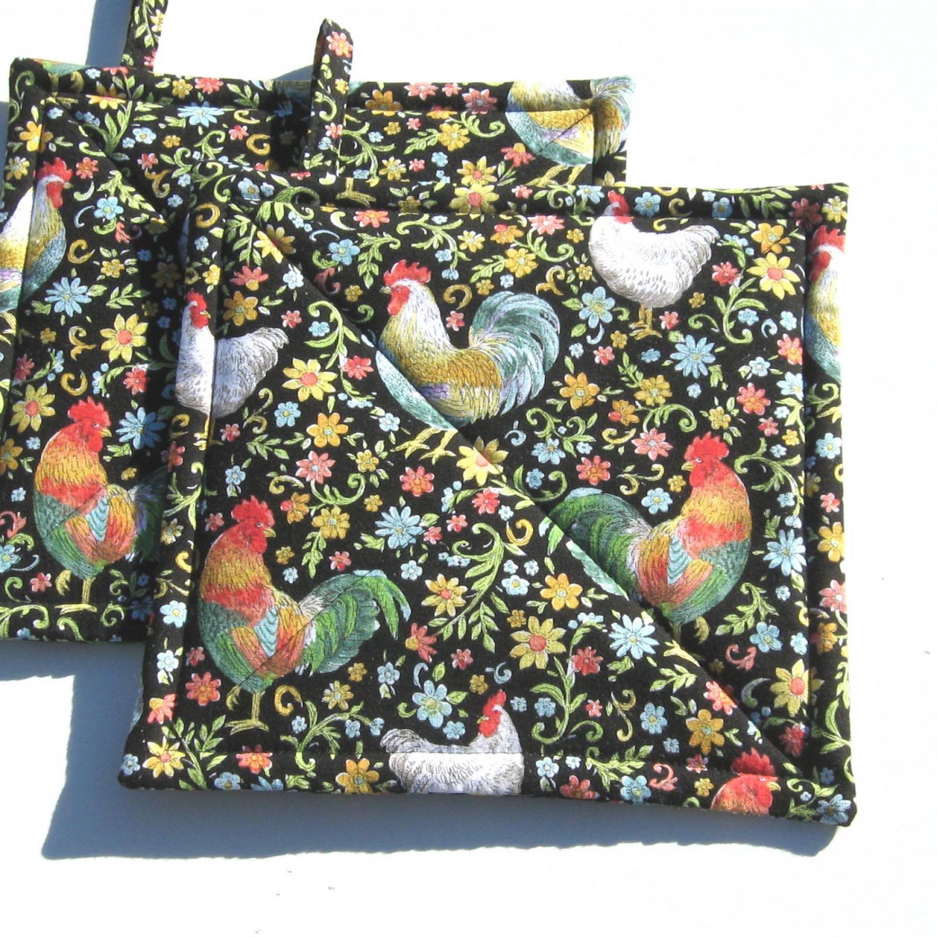 Garden Rooster Potholders, Flowers & Roosters Quilted Hot Pads, USA Handmade Housewarming, Hostess Gift
