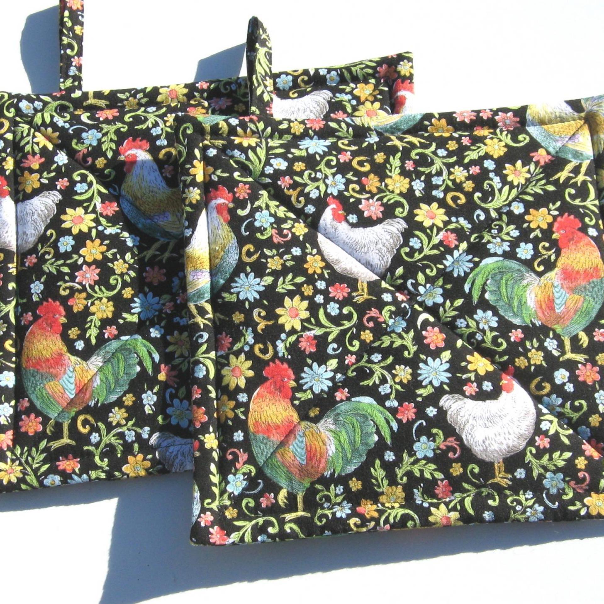 Garden Rooster Potholders, Flowers & Roosters Quilted Hot Pads, USA Handmade Housewarming, Hostess Gift