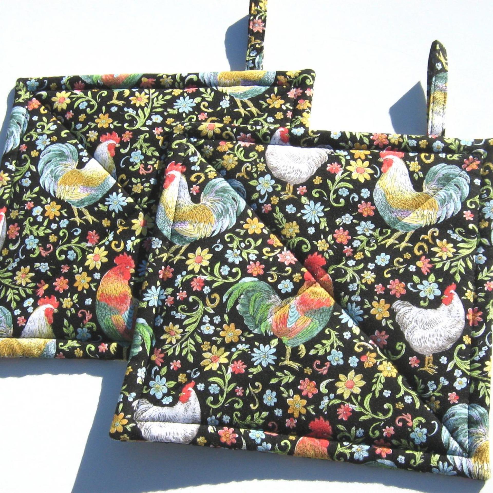 Garden Rooster Potholders, Flowers & Roosters Quilted Hot Pads, USA Handmade Housewarming, Hostess Gift