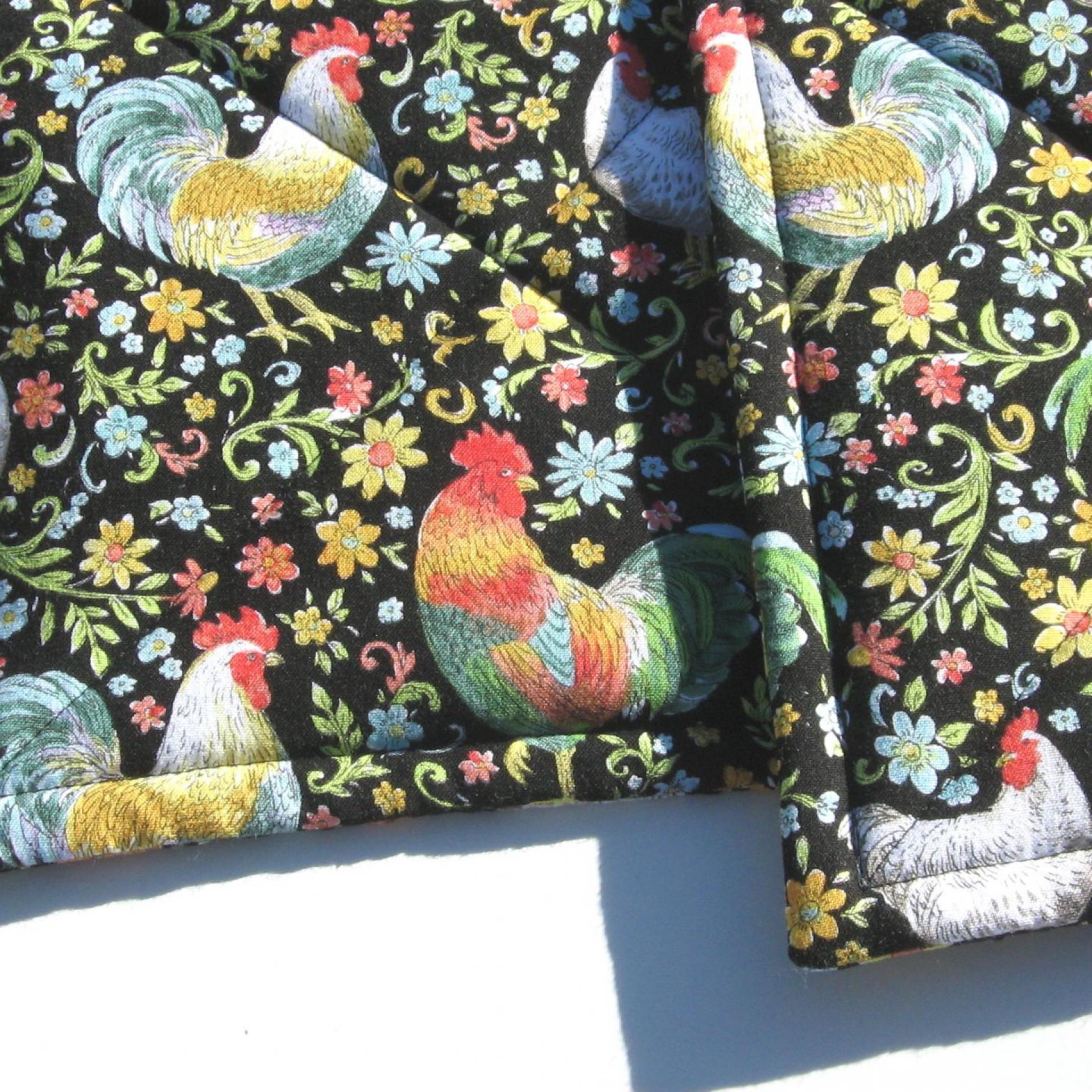 Garden Rooster Potholders, Flowers & Roosters Quilted Hot Pads, USA Handmade Housewarming, Hostess Gift