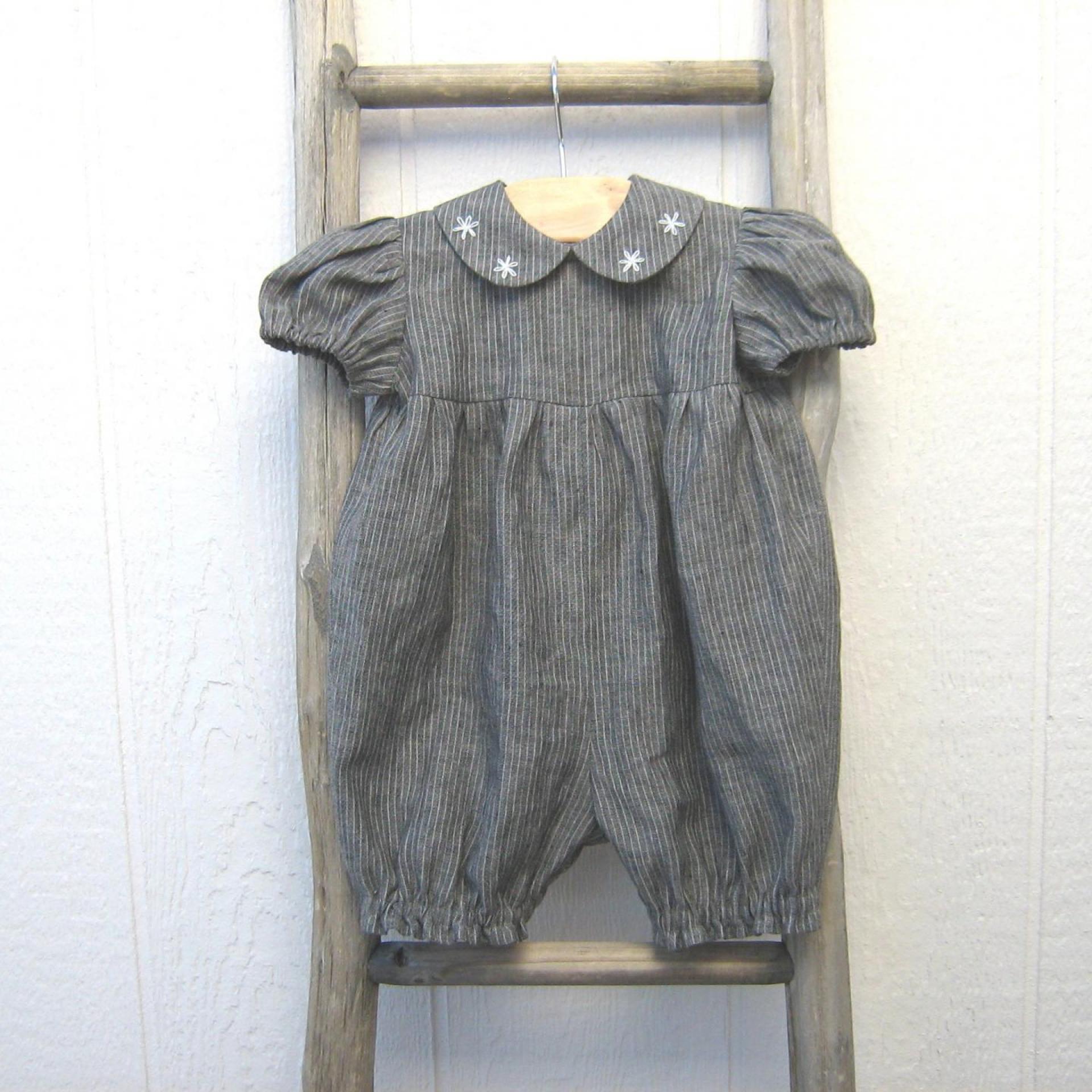  Baby Romper in Gray Pinstripe Linen with Hand-Embroidered Collar, Short-Sleeved 1-Pc. Linen Outfit for 3-to-6-Month-Old Baby