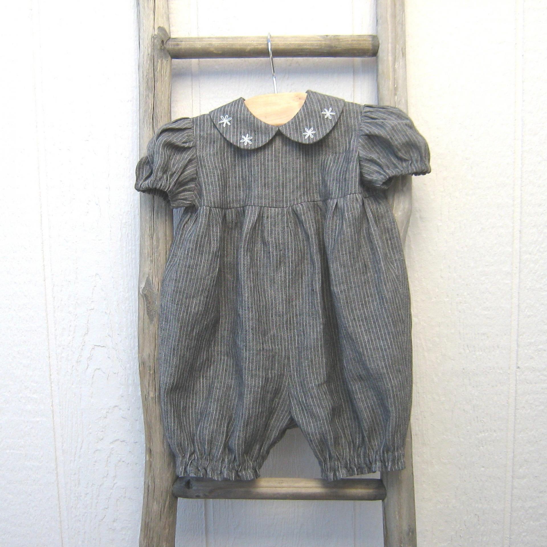  Baby Romper in Gray Pinstripe Linen with Hand-Embroidered Collar, Short-Sleeved 1-Pc. Linen Outfit for 3-to-6-Month-Old Baby