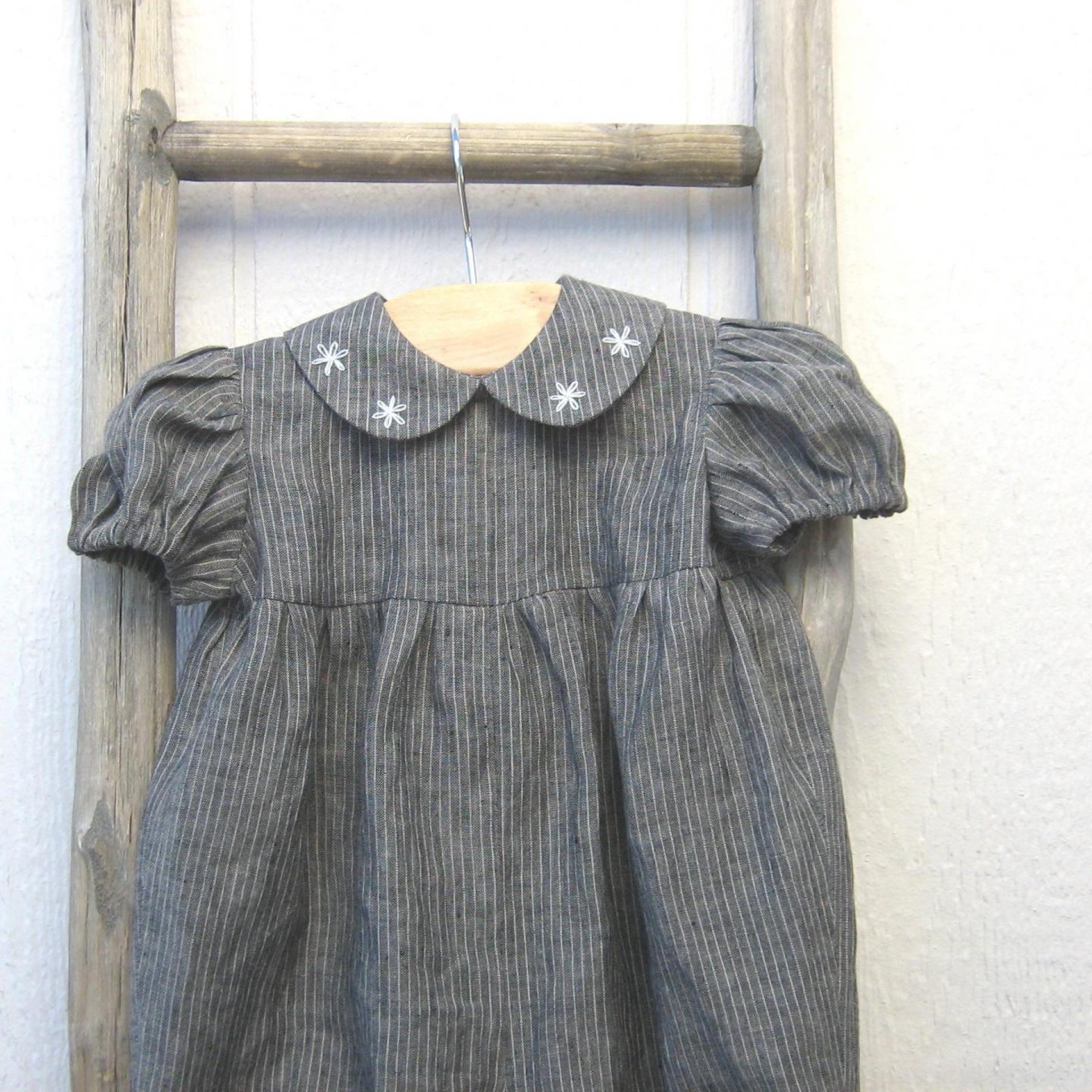  Baby Romper in Gray Pinstripe Linen with Hand-Embroidered Collar, Short-Sleeved 1-Pc. Linen Outfit for 3-to-6-Month-Old Baby