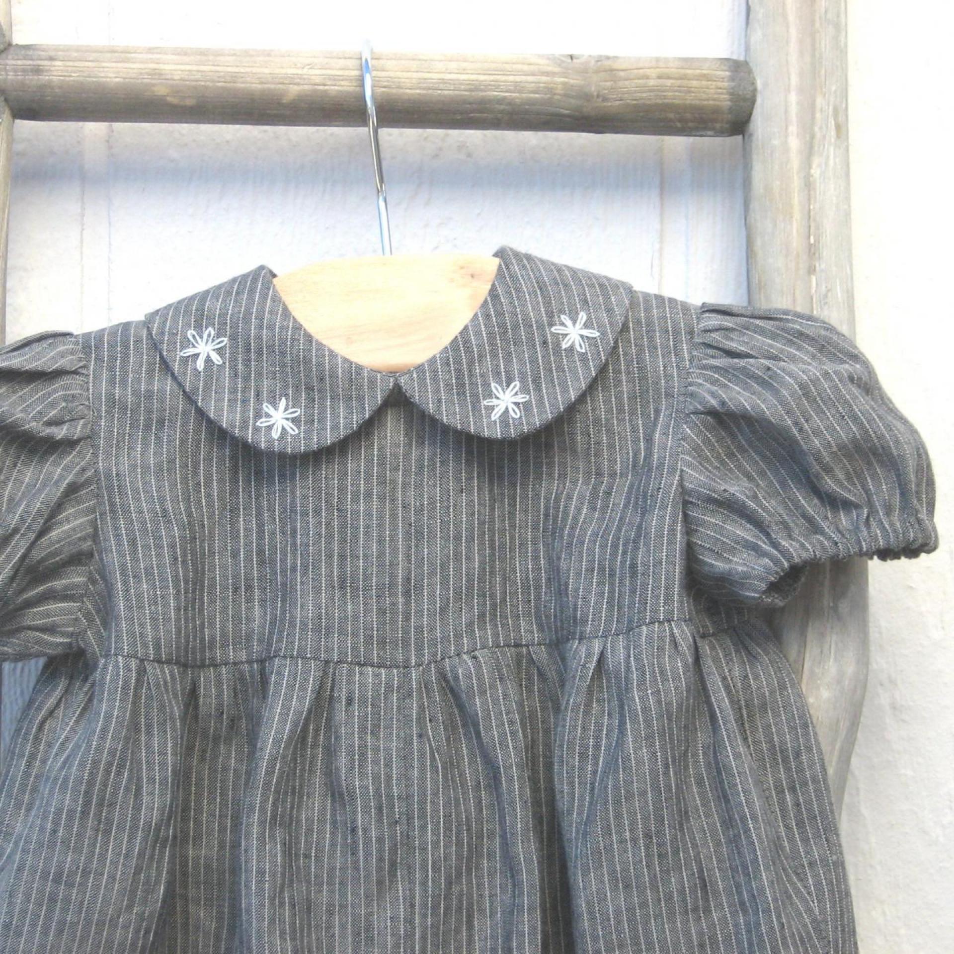  Baby Romper in Gray Pinstripe Linen with Hand-Embroidered Collar, Short-Sleeved 1-Pc. Linen Outfit for 3-to-6-Month-Old Baby