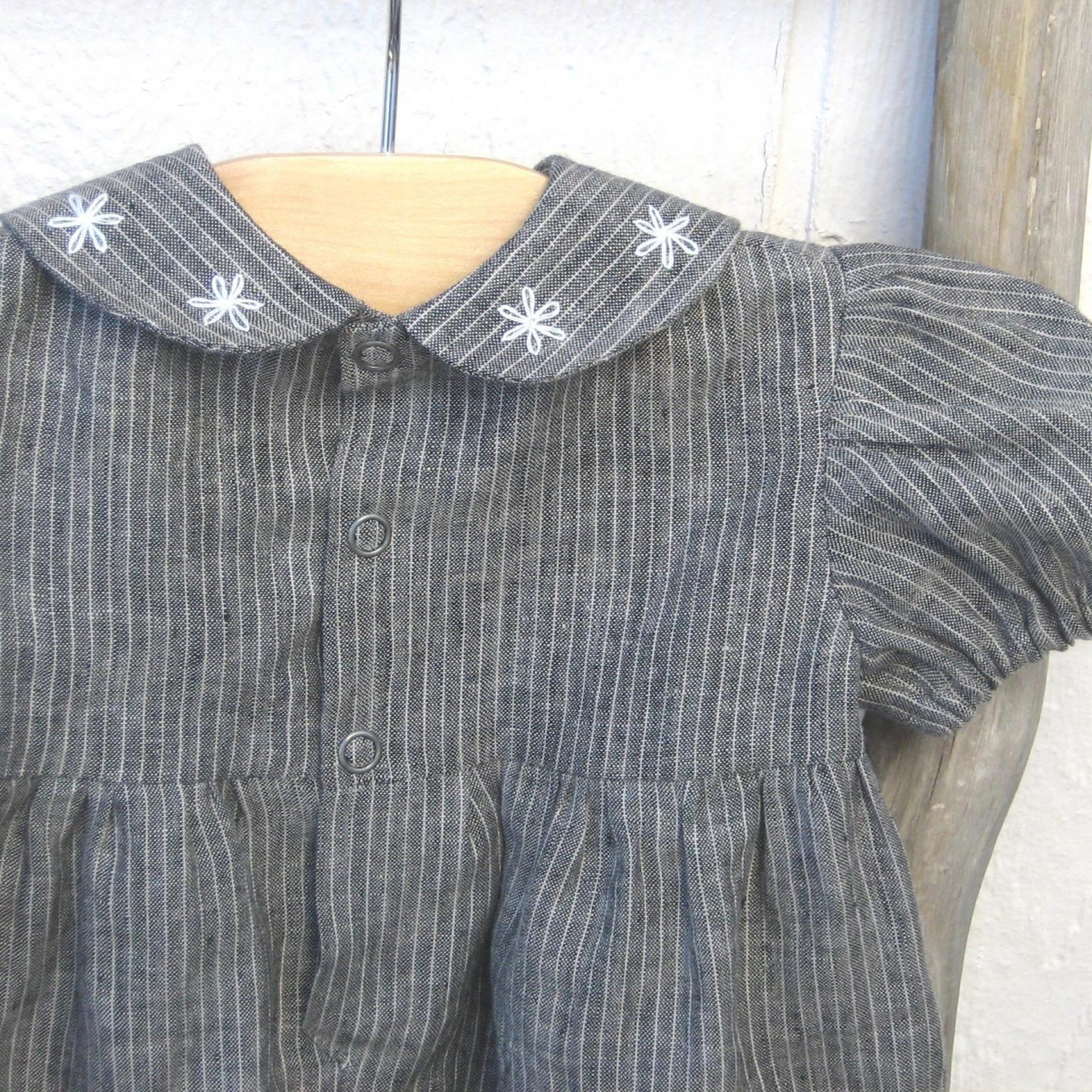  Baby Romper in Gray Pinstripe Linen with Hand-Embroidered Collar, Short-Sleeved 1-Pc. Linen Outfit for 3-to-6-Month-Old Baby
