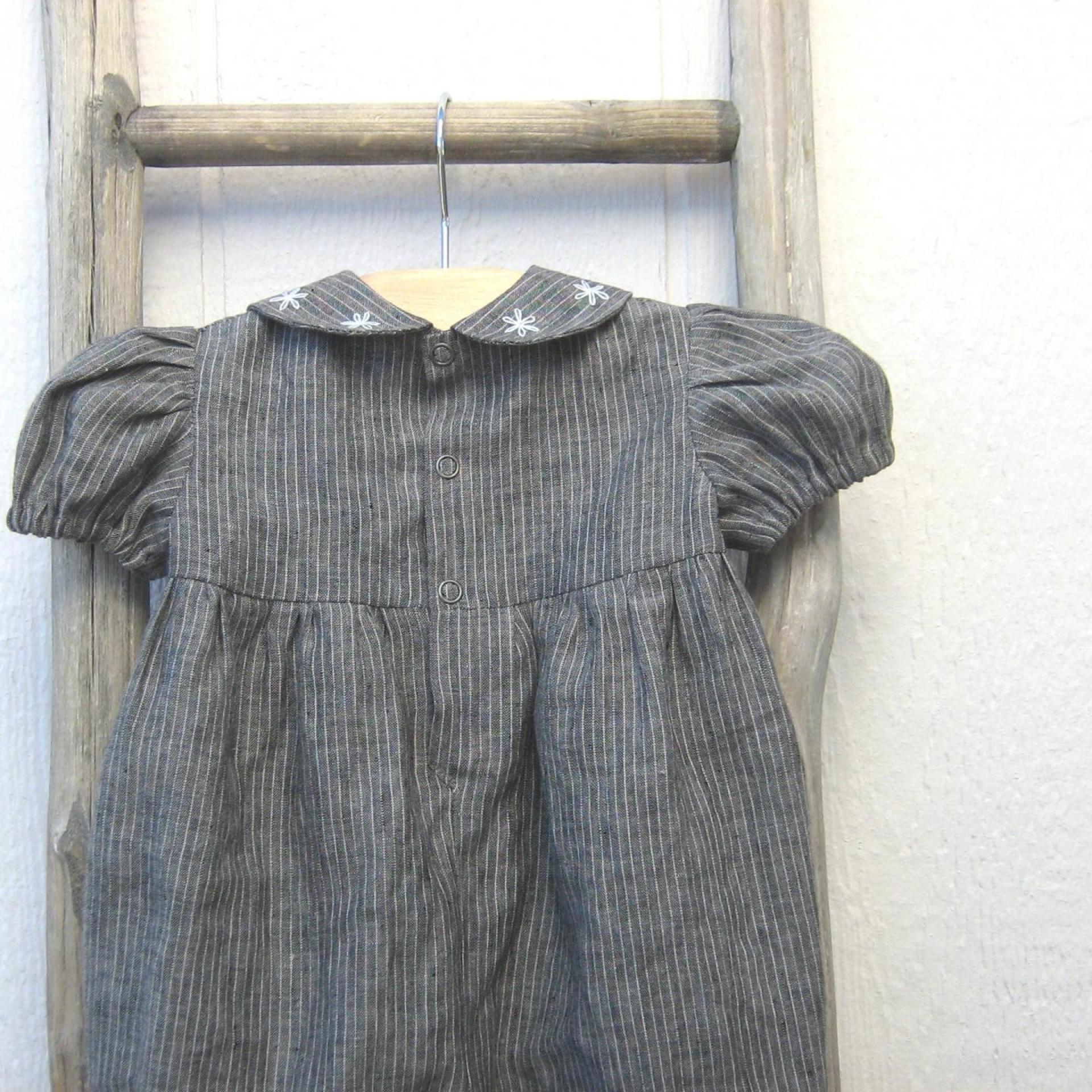  Baby Romper in Gray Pinstripe Linen with Hand-Embroidered Collar, Short-Sleeved 1-Pc. Linen Outfit for 3-to-6-Month-Old Baby