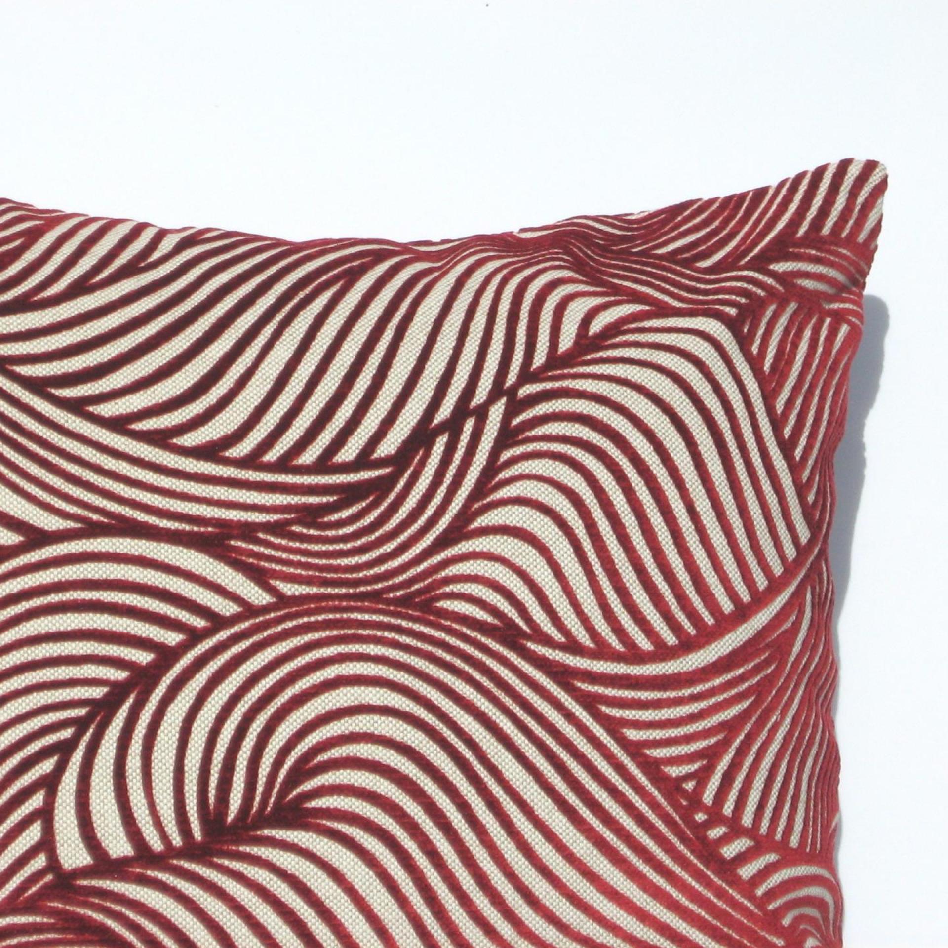 Red Flocked Velvet Pillow Cover, Velveteen Geometric Design Home Décor, Abstract Waves on Natural Linen Blend, 17 x 17 inches
