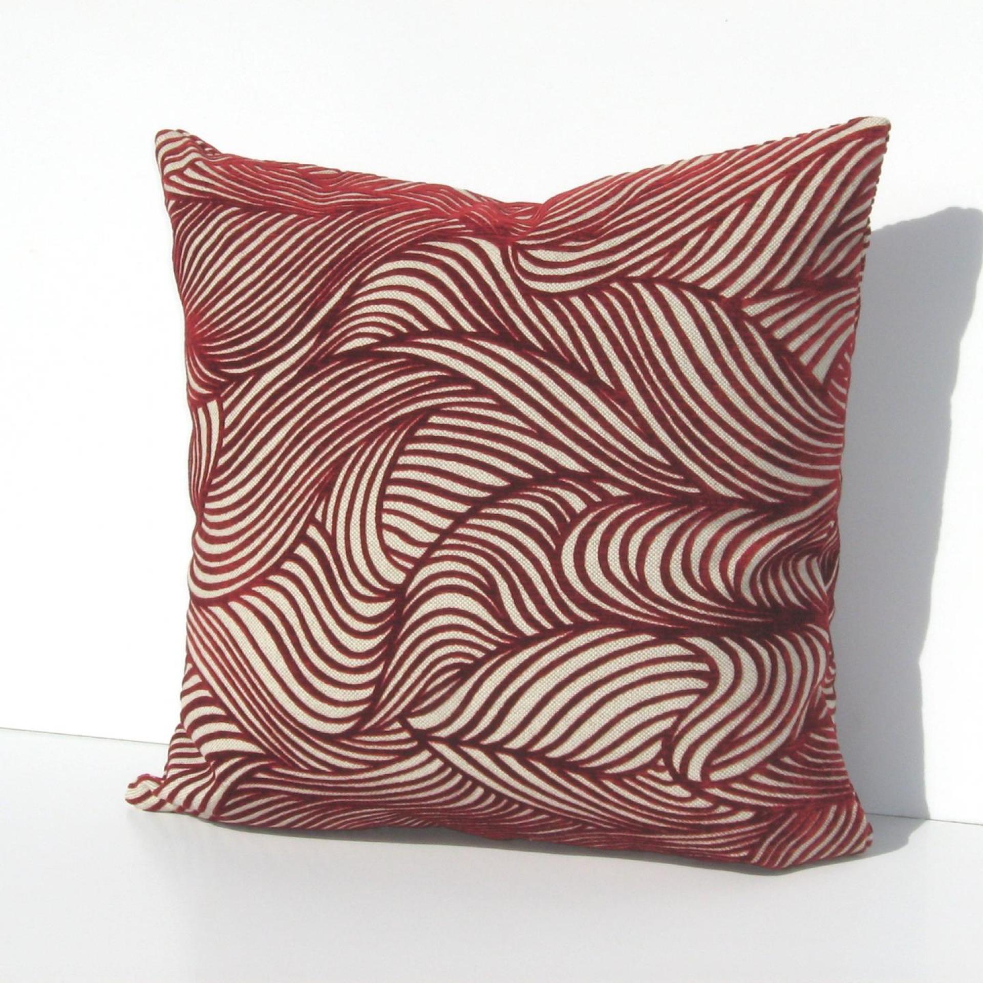 Red Flocked Velvet Pillow Cover, Velveteen Geometric Design Home Décor, Abstract Waves on Natural Linen Blend, 17 x 17 inches