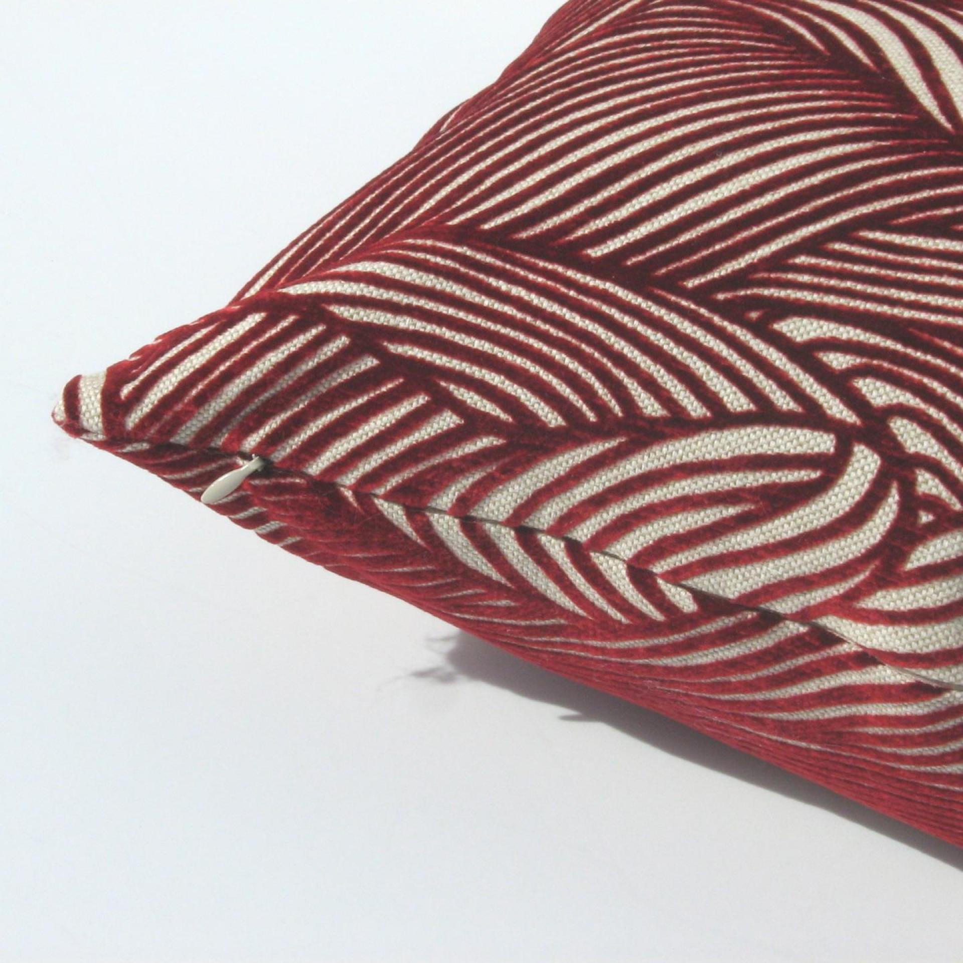 Red Flocked Velvet Pillow Cover, Velveteen Geometric Design Home Décor, Abstract Waves on Natural Linen Blend, 17 x 17 inches