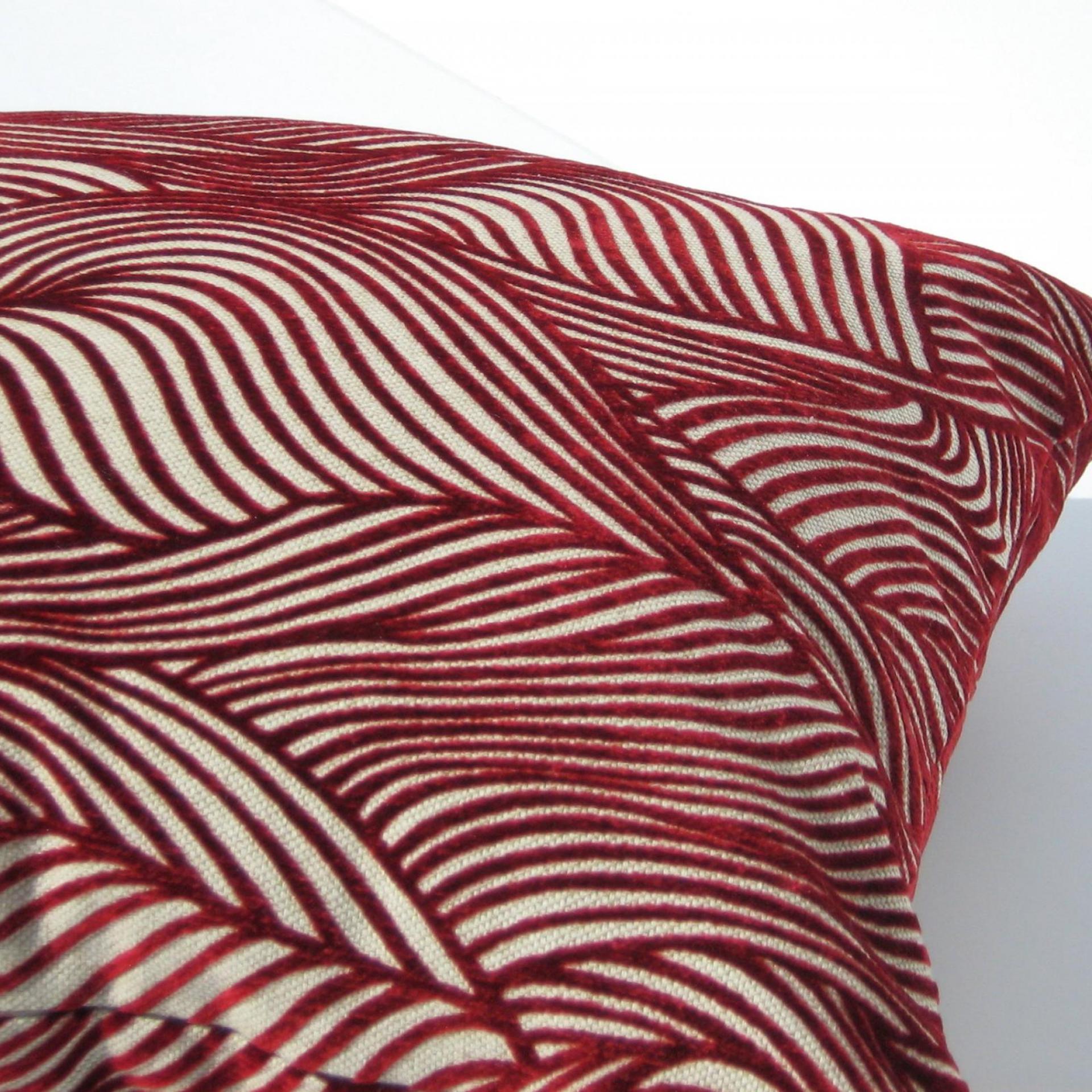 Red Flocked Velvet Pillow Cover, Velveteen Geometric Design Home Décor, Abstract Waves on Natural Linen Blend, 17 x 17 inches