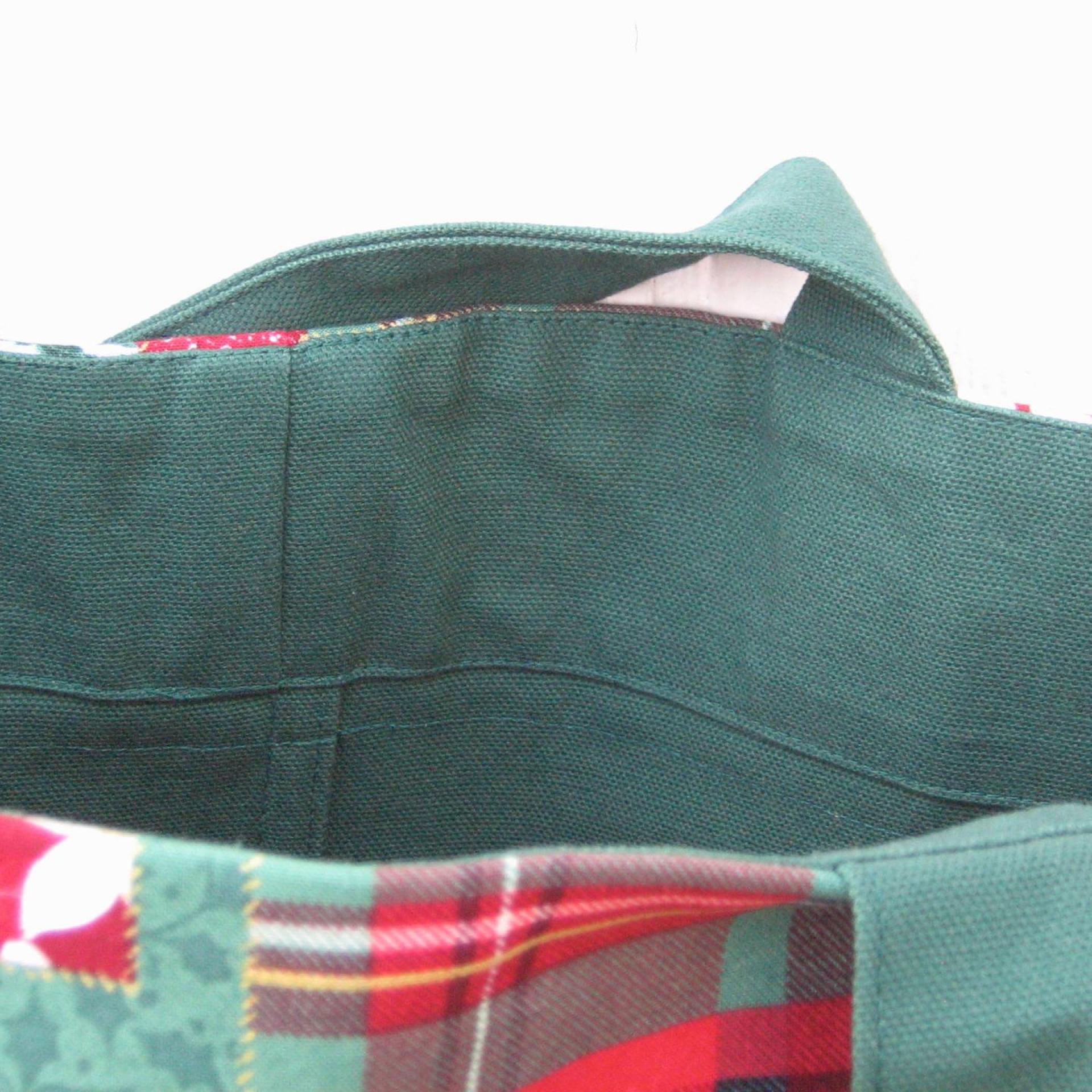 Green Canvas Shopping Bag, Red, Green, White Christmas Plaid Patchwork, Reusable Duck Cloth Tote, USA Handmade