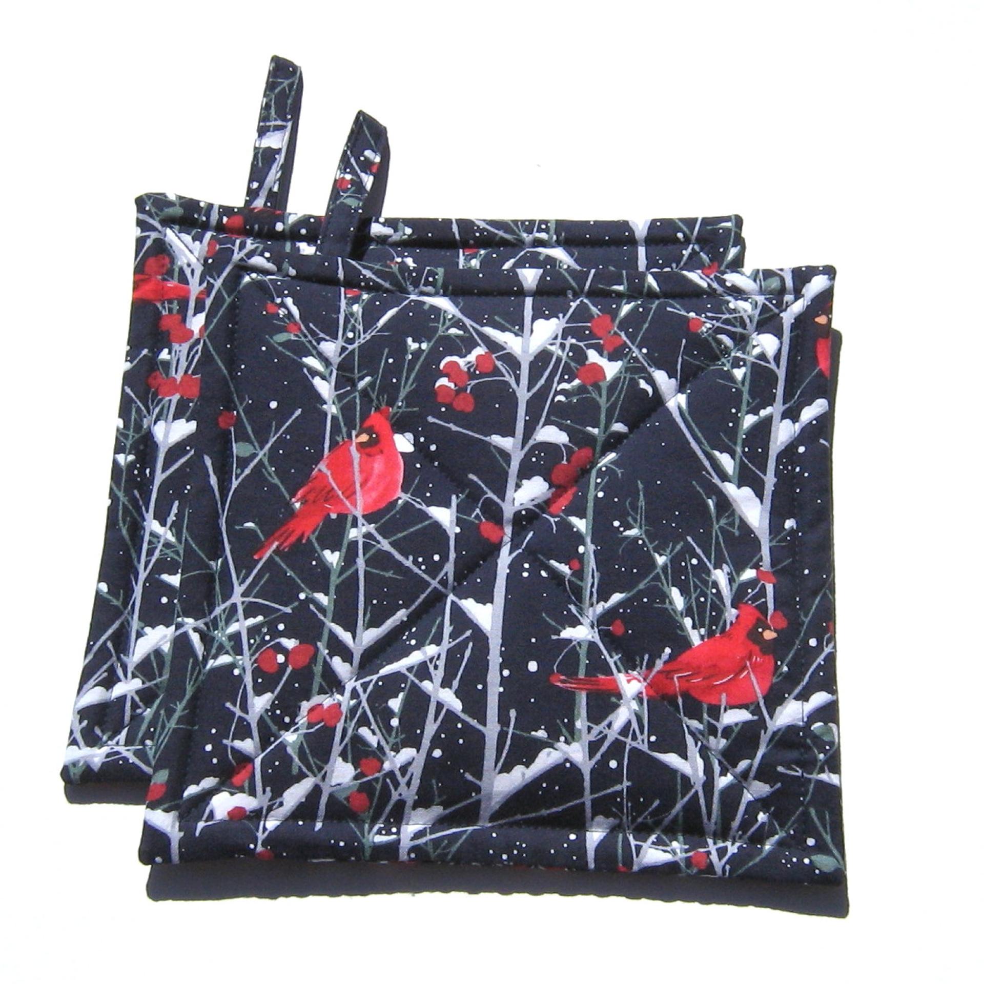 Red Cardinals Christmas Potholders, Winter Trees Quilted Holiday Hot Pads for Housewarming and Hostess Gift, Stocking Stuffer