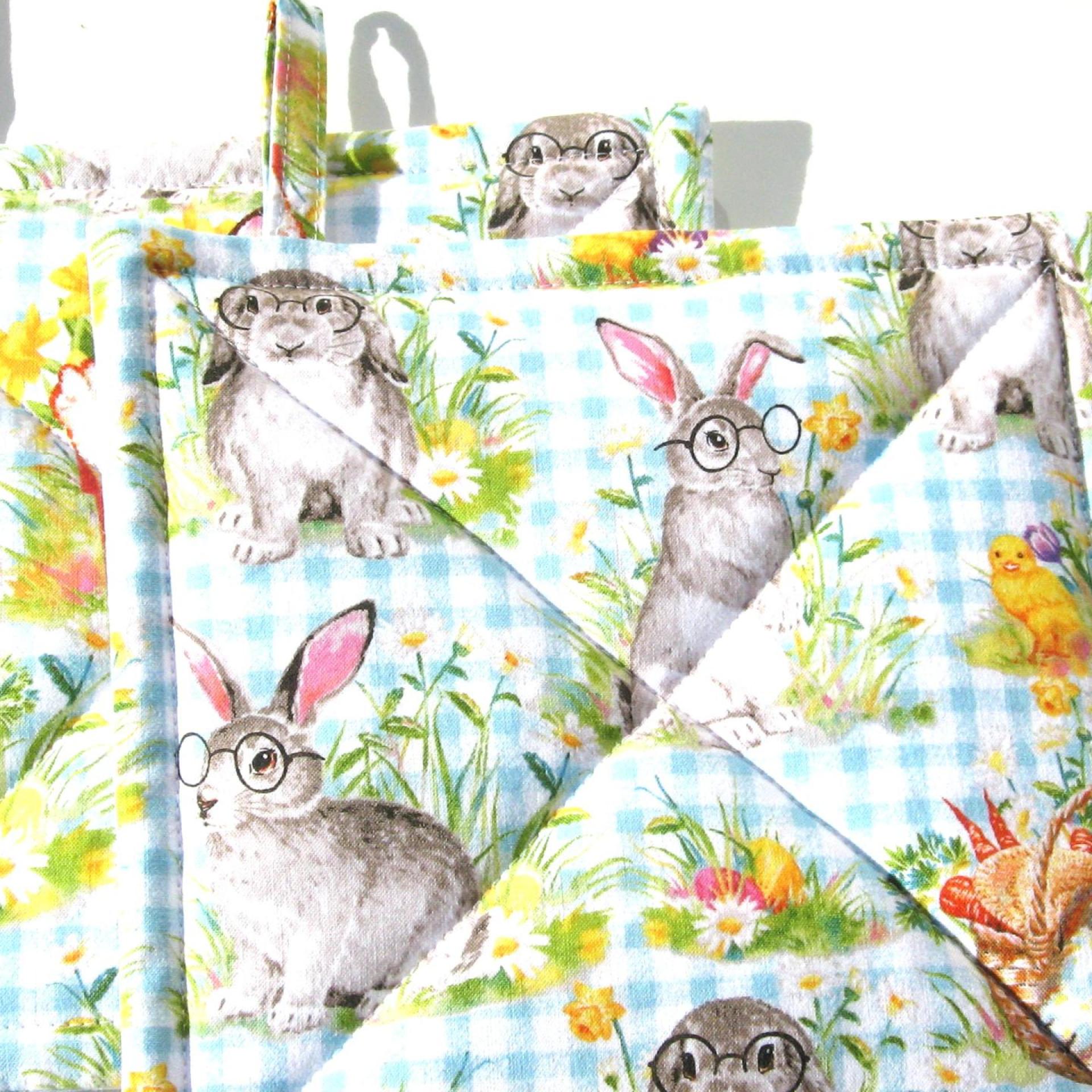 Easter Bunny Potholders, with Chicks, Flowers and Easter Eggs on a Gingham Background, USA Handmade Hot Pads, Housewarming Gift