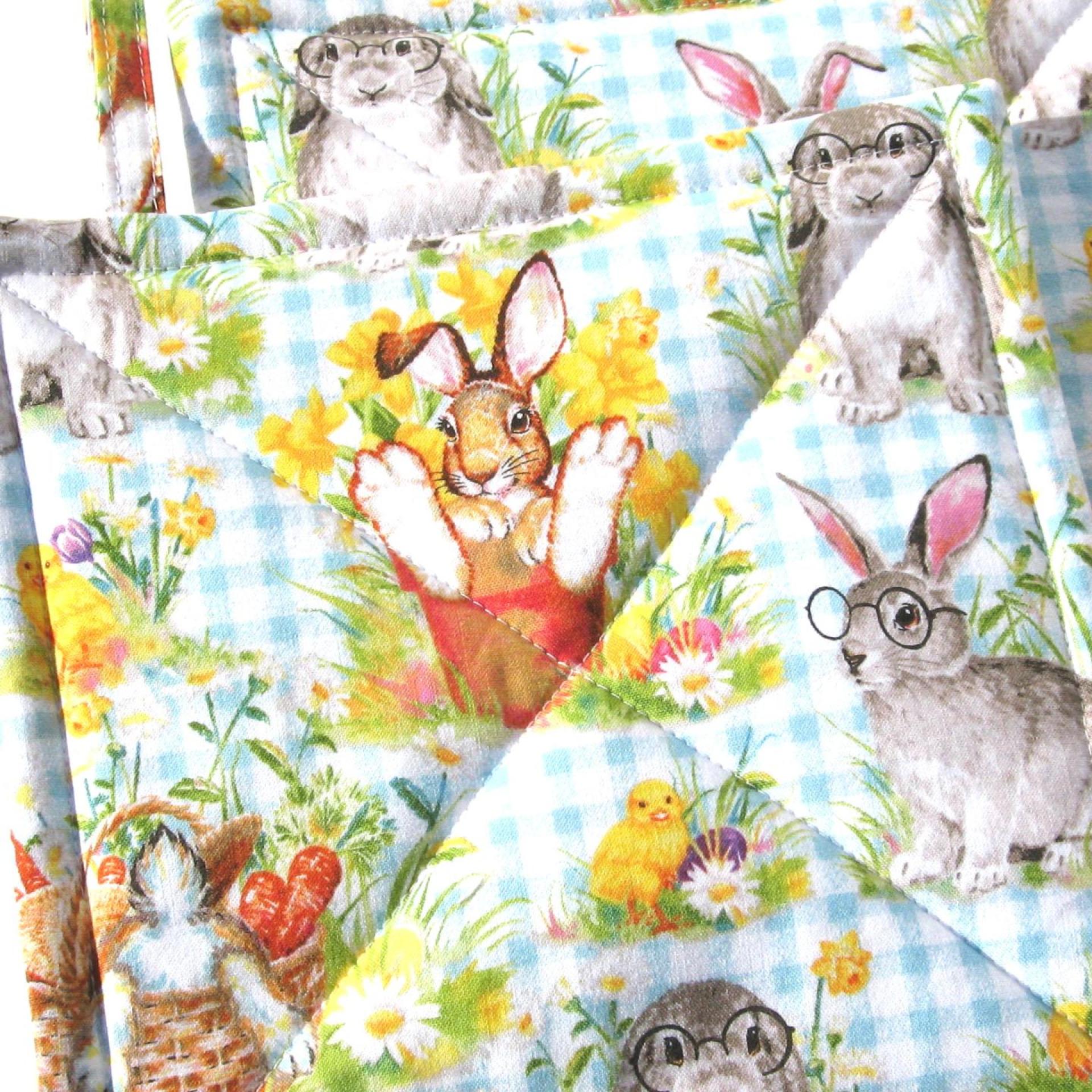 Easter Bunny Potholders, with Chicks, Flowers and Easter Eggs on a Gingham Background, USA Handmade Hot Pads, Housewarming Gift