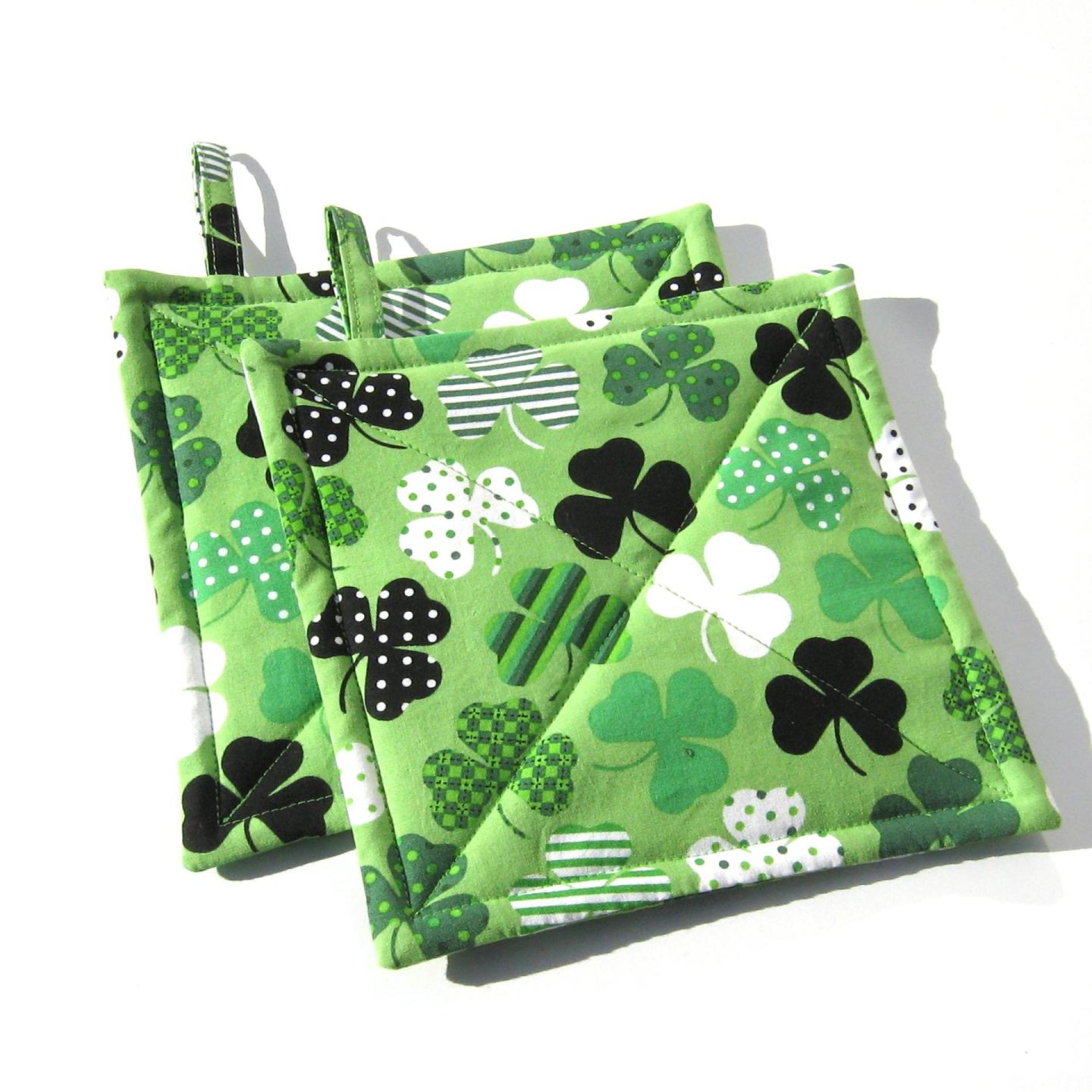 Shamrock Potholders with Dots and Stripes on a Green Background, St Patrick's Day Décor, USA Handmade Hot Pads, Housewarming Gift
