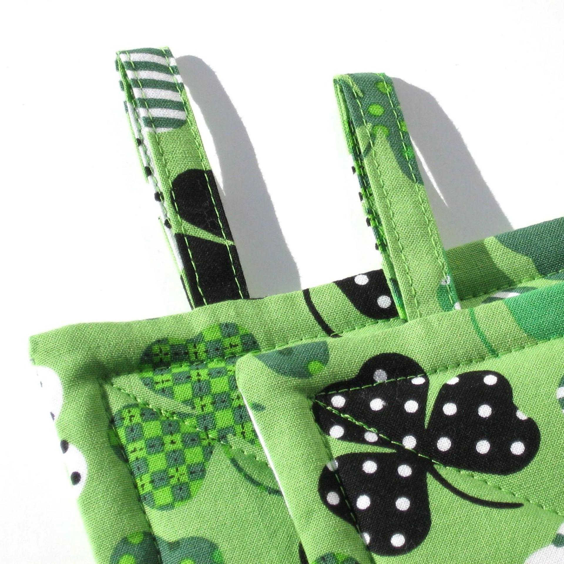 Shamrock Potholders with Dots and Stripes on a Green Background, St Patrick's Day Décor, USA Handmade Hot Pads, Housewarming Gift