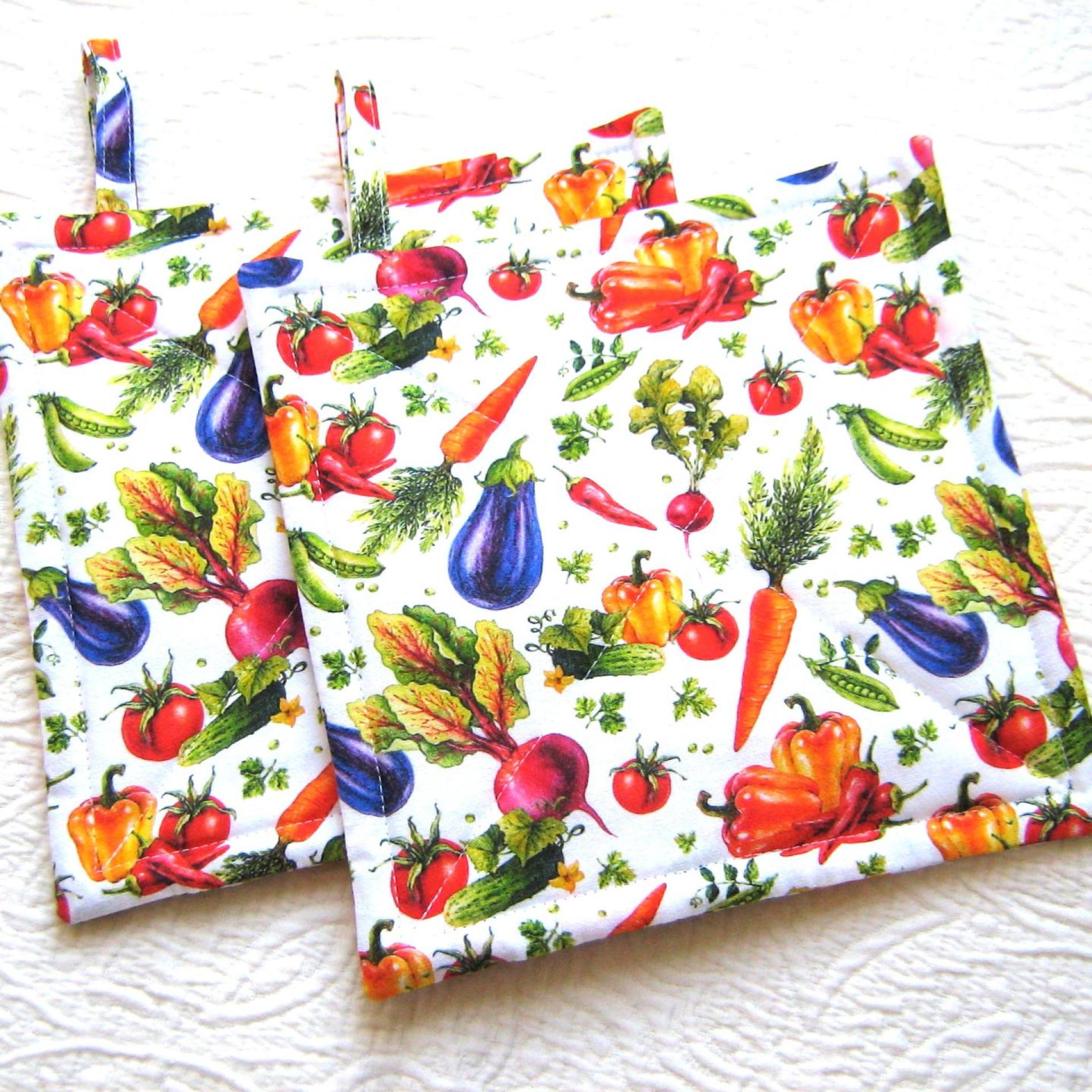 Spring Veggie Potholders, Tomatoes, Carrots, Beets, Green, Red, Purple, Orange on a White Background, Gift for Gardener, USA Handmade Hot Pads 